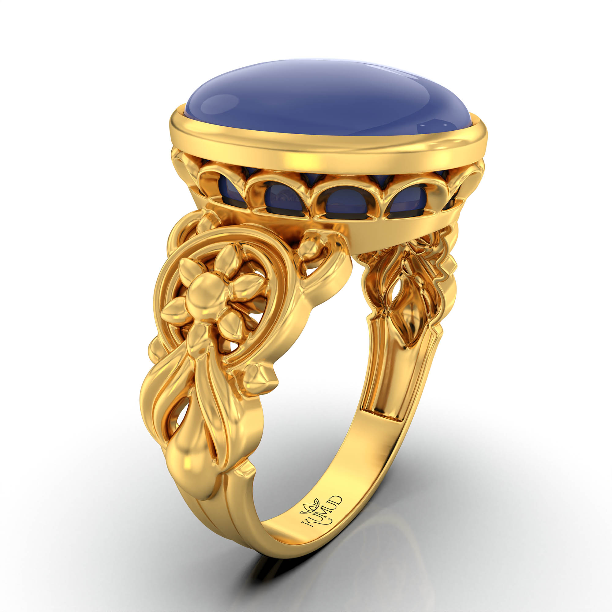 Blue Sapphire (Neelam) Antique Ring for Women in 22K Yellow Gold – Oval Cabochon 13x10 mm, Bezel Setting, 4 g (Design KA-3) thumbnail