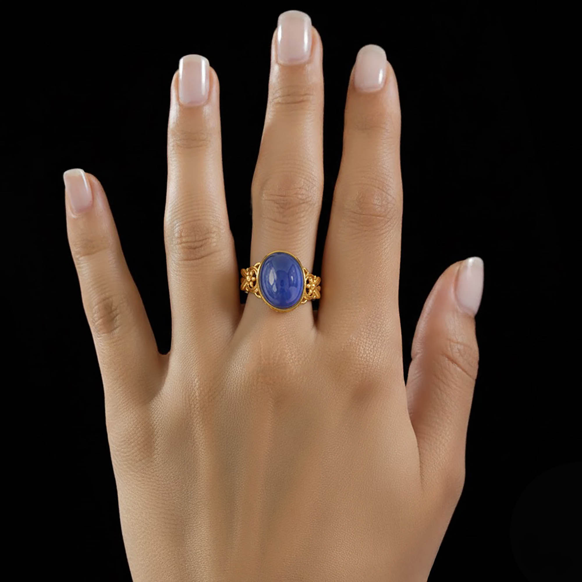 Blue Sapphire (Neelam) Antique Ring for Women in 22K Yellow Gold – Oval Cabochon 13x10 mm, Bezel Setting, 4 g (Design KA-3) thumbnail