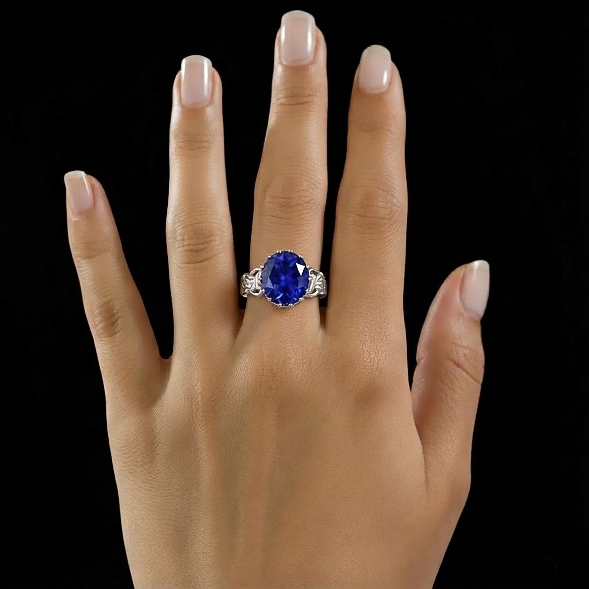 Blue Sapphire (Neelam) Ring for Women in 925 Sterling Silver – Oval 13x10 mm, Prong Setting, 2.4 g (Design KA-4) thumbnail