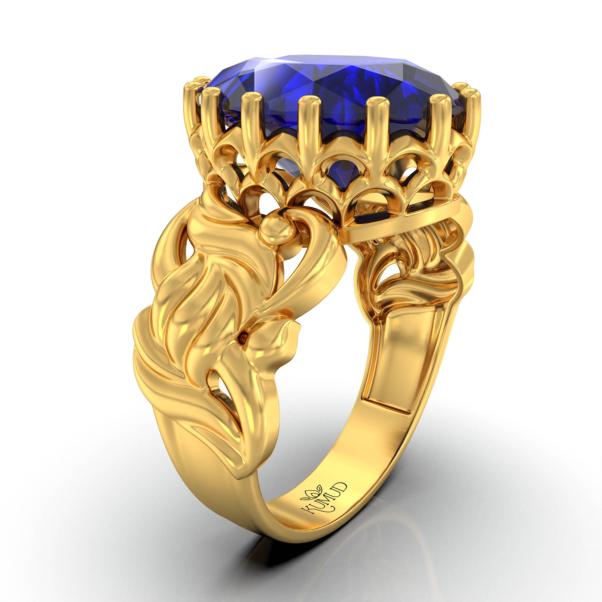 Blue Sapphire (Neelam) Antique Ring for Women in 22K Yellow Gold – Oval 13x10 mm, Prong Setting, 4 g (Design KA-4) thumbnail