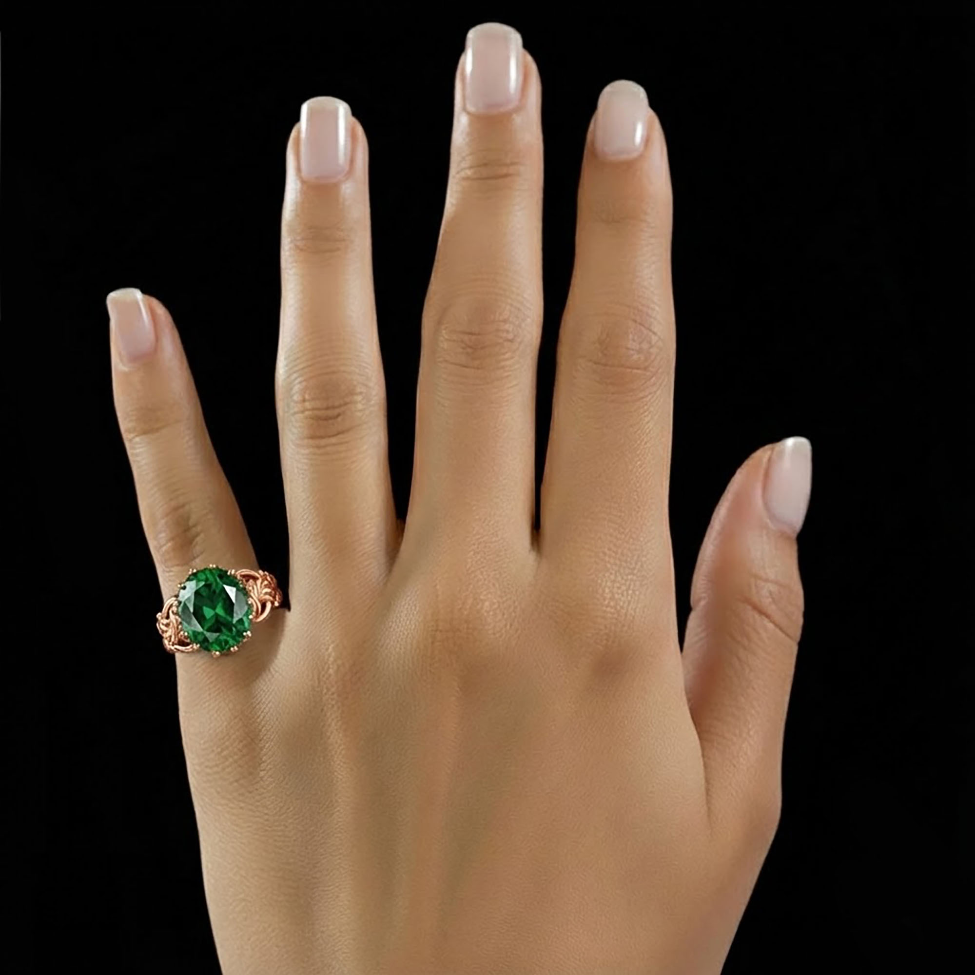 Emerald (Panna) Antique Ring for Women in 18K Rose Gold – Oval 13x10 mm, Prong Setting, 4 g (Design KA-4) thumbnail