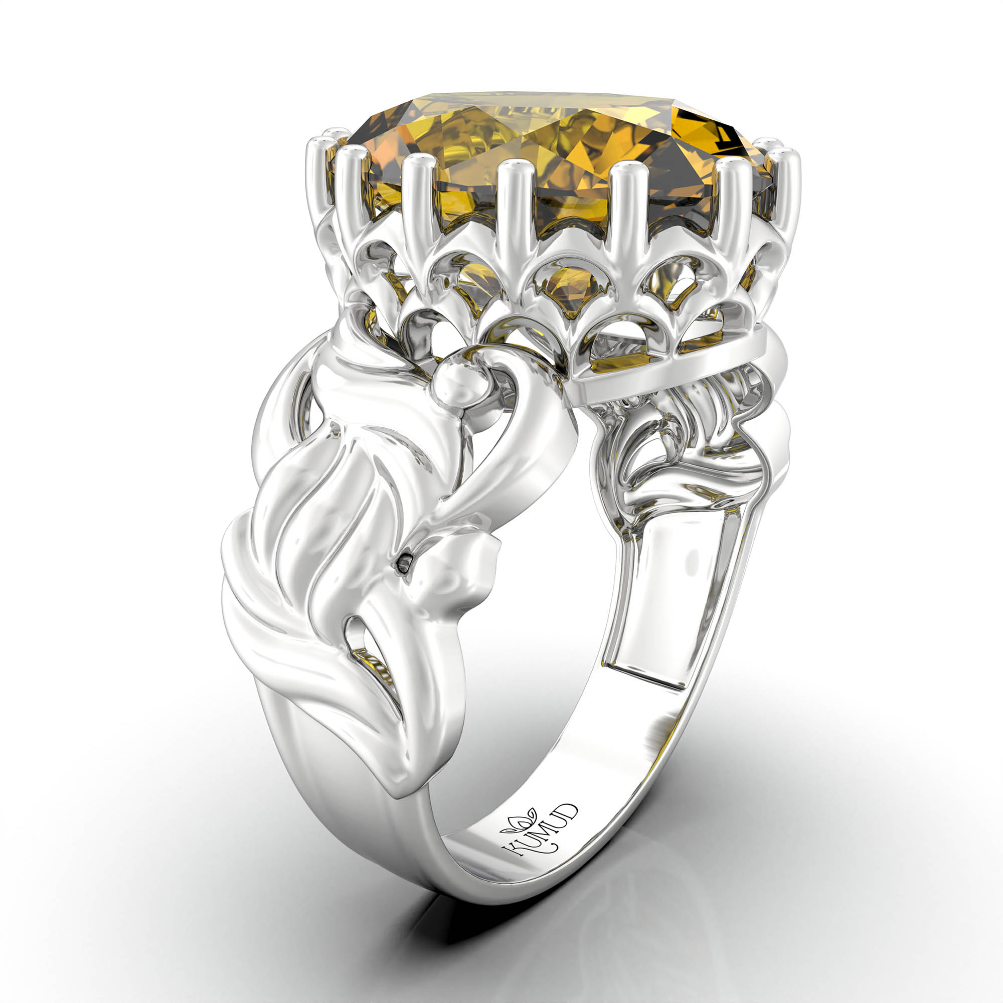 Yellow Sapphire (Pukhraj) Antique Ring for Women in 18K White Gold – Oval 13x10 mm, Prong Setting, 4 g (Design KA-4) thumbnail