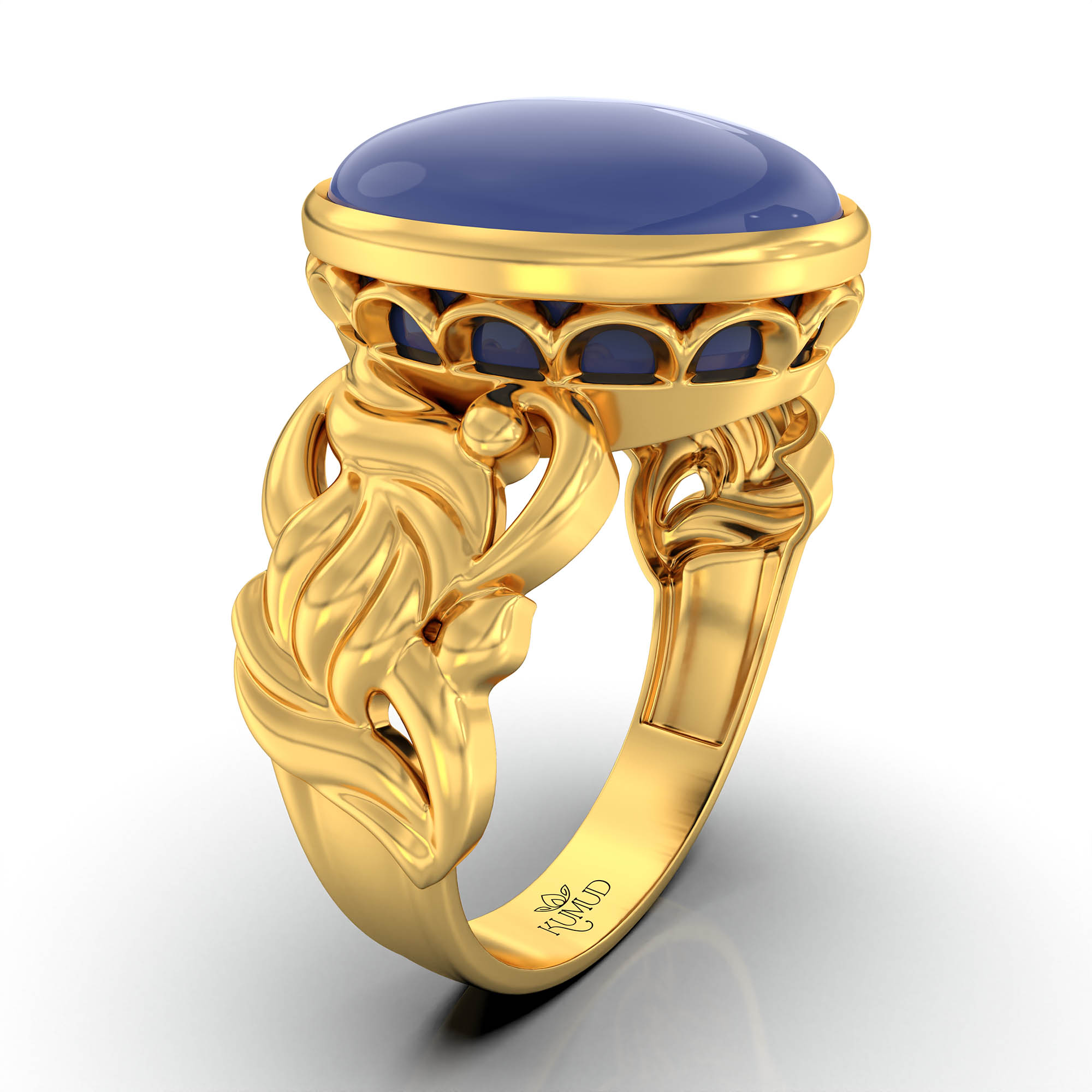Blue Sapphire (Neelam) Antique Ring for Women in 22K Yellow Gold – Oval Cabochon 13x10 mm, Bezel Setting, 4 g (Design KA-4) thumbnail