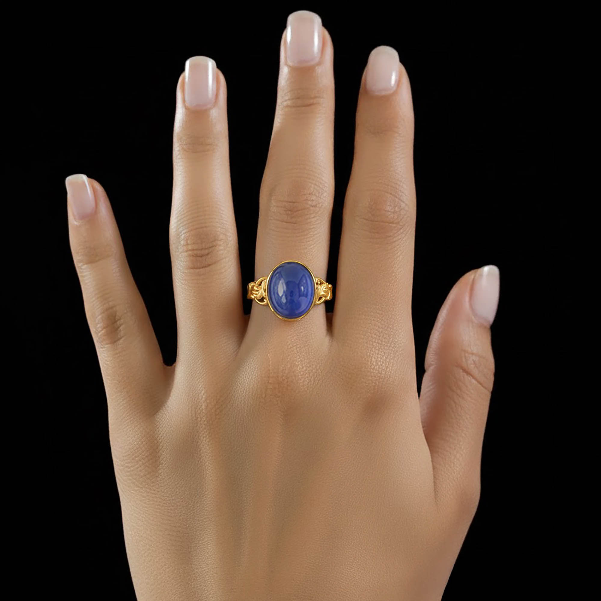 Blue Sapphire (Neelam) Antique Ring for Women in 22K Yellow Gold – Oval Cabochon 13x10 mm, Bezel Setting, 4 g (Design KA-4) thumbnail