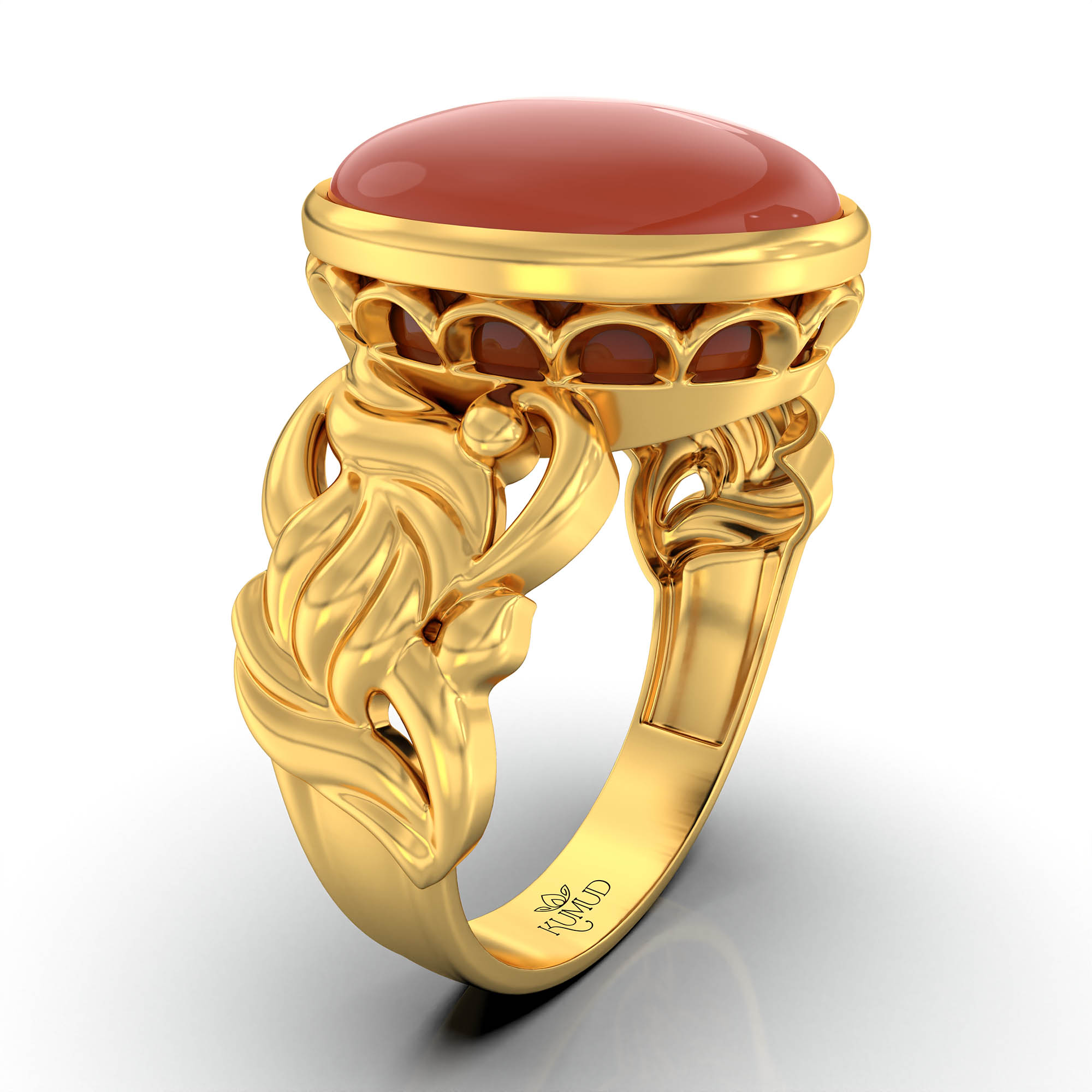 Red Coral (Moonga) Antique Ring for Women in 22K Yellow Gold – Oval Cabochon 13x10 mm, Bezel Setting, 4 g (Design KA-4) thumbnail