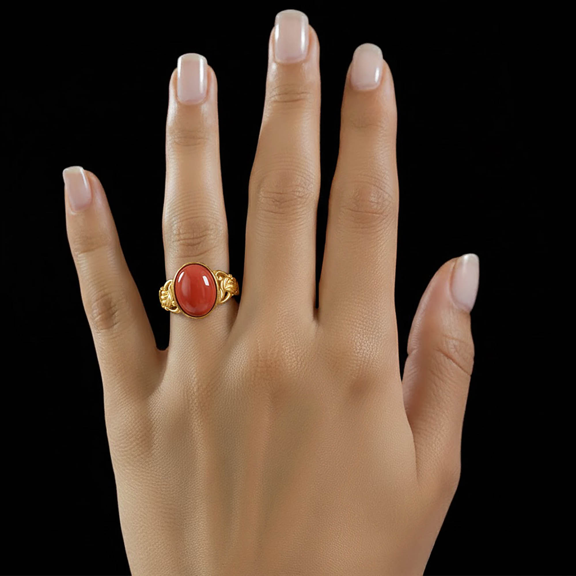 Red Coral (Moonga) Antique Ring for Women in 22K Yellow Gold – Oval Cabochon 13x10 mm, Bezel Setting, 4 g (Design KA-4) thumbnail