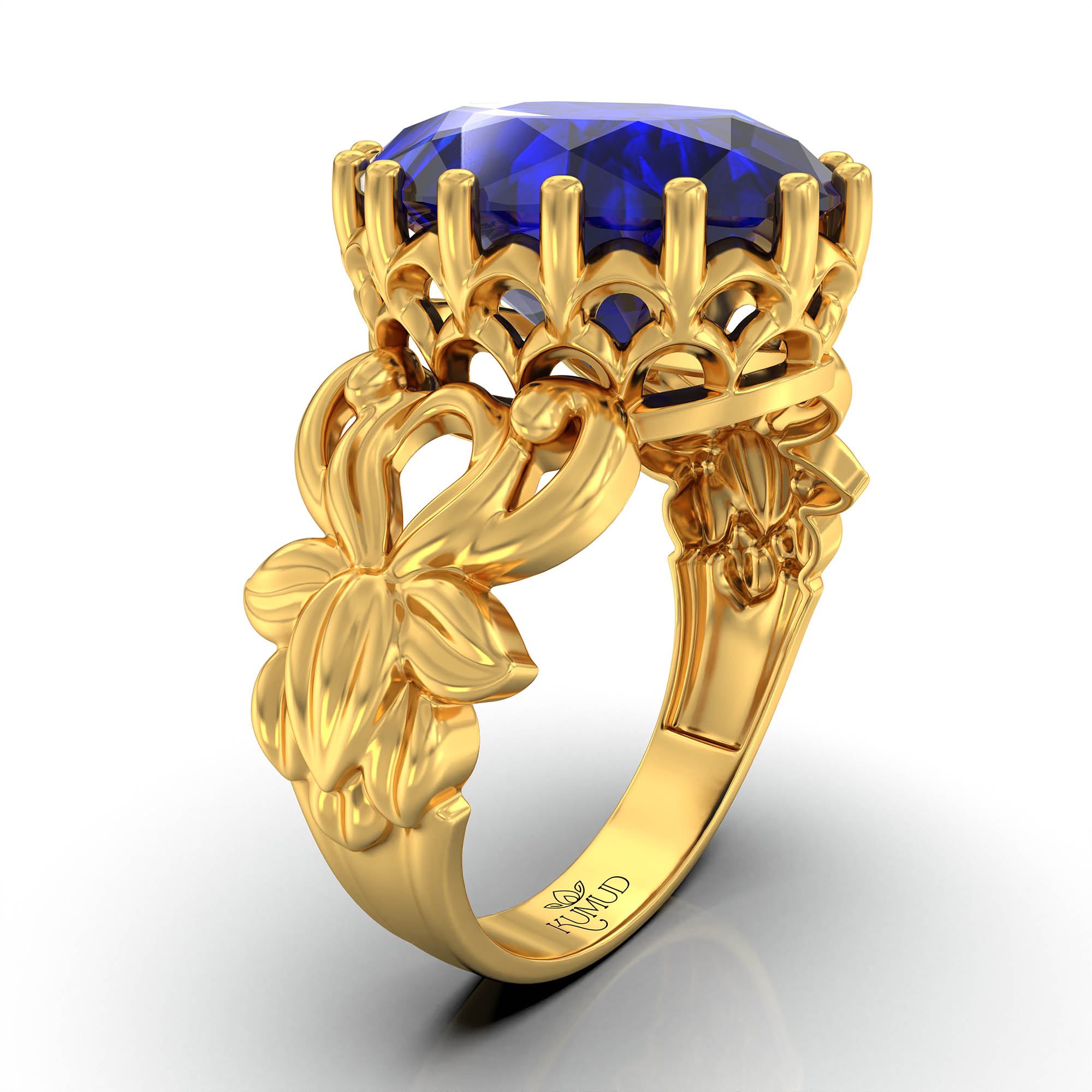 Blue Sapphire (Neelam) Antique Ring for Women in 22K Yellow Gold – Oval 13x10 mm, Prong Setting, 4 g (Design KA-5) thumbnail
