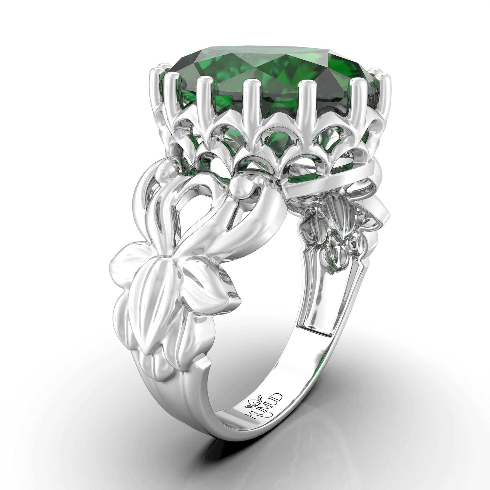 Emerald (Panna) Antique Ring for Women in 18K White Gold – Oval 13x10 mm, Prong Setting, 4 g (Design KA-5) thumbnail