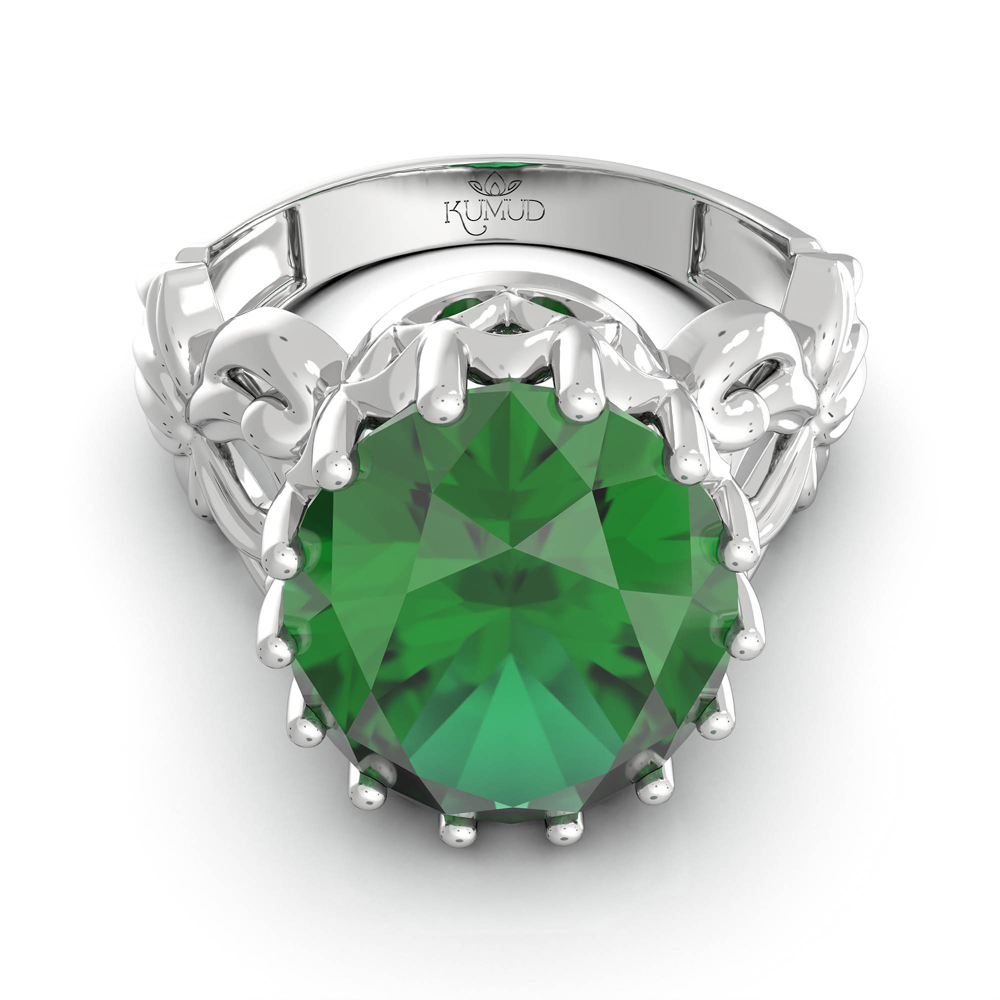 Emerald (Panna) Antique Ring for Women in 18K White Gold – Oval 13x10 mm, Prong Setting, 4 g (Design KA-5) thumbnail