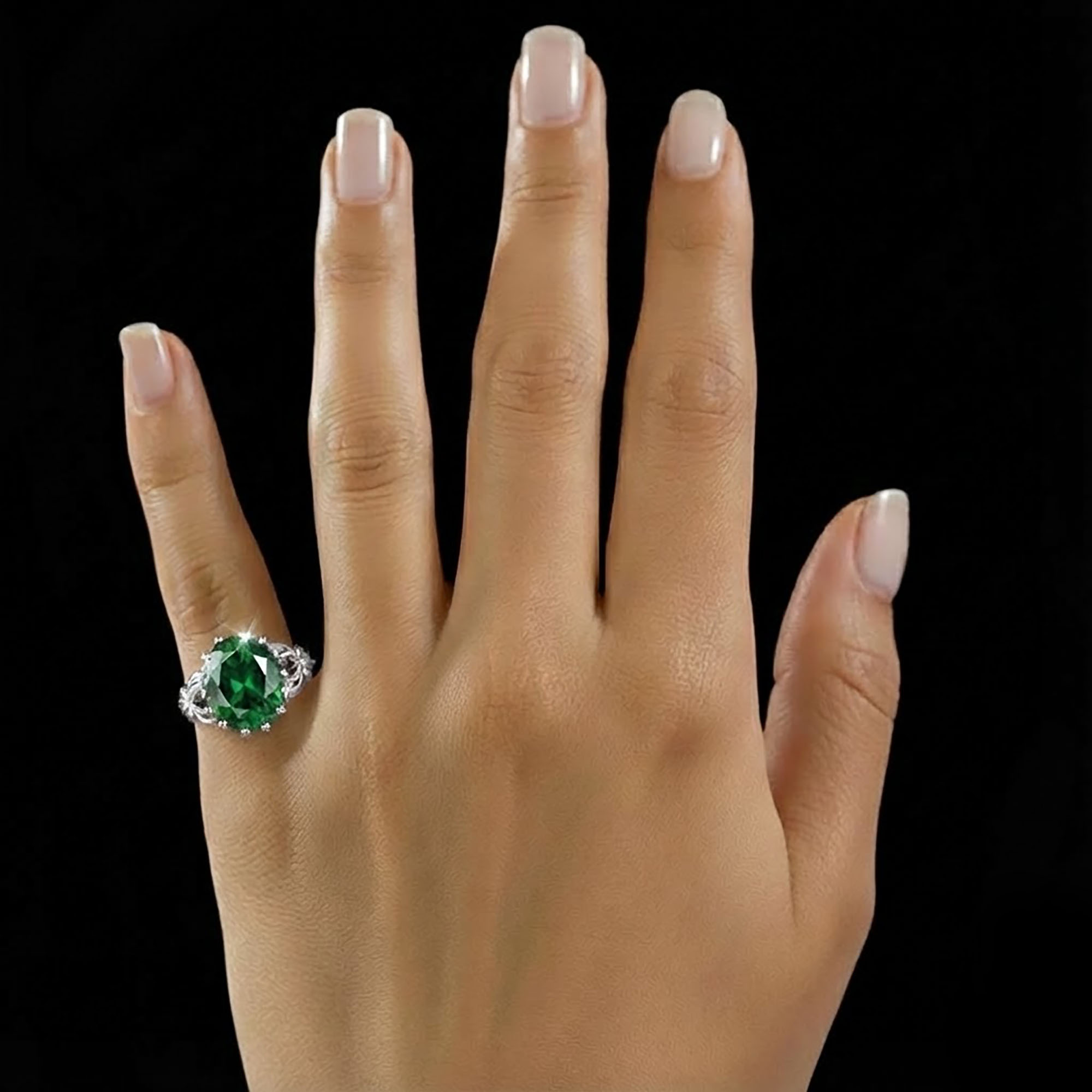 Emerald (Panna) Antique Ring for Women in 18K White Gold – Oval 13x10 mm, Prong Setting, 4 g (Design KA-5) thumbnail