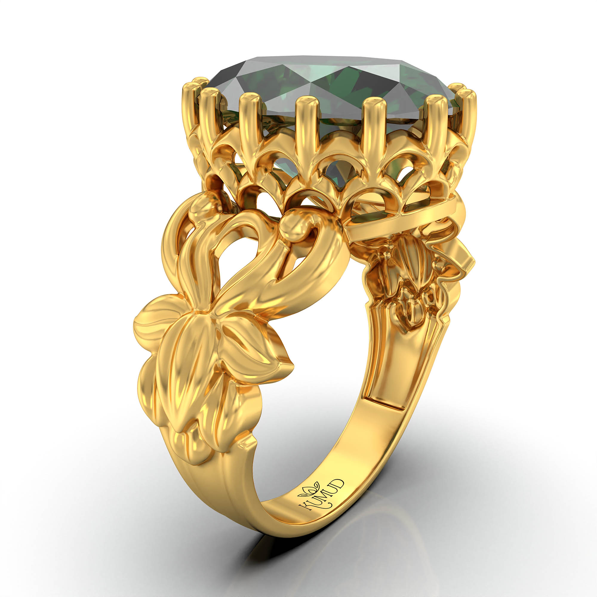 Emerald (Panna) Antique Ring for Women in 22K Yellow Gold – Oval 13x10 mm, Prong Setting, 4 g (Design KA-5) thumbnail