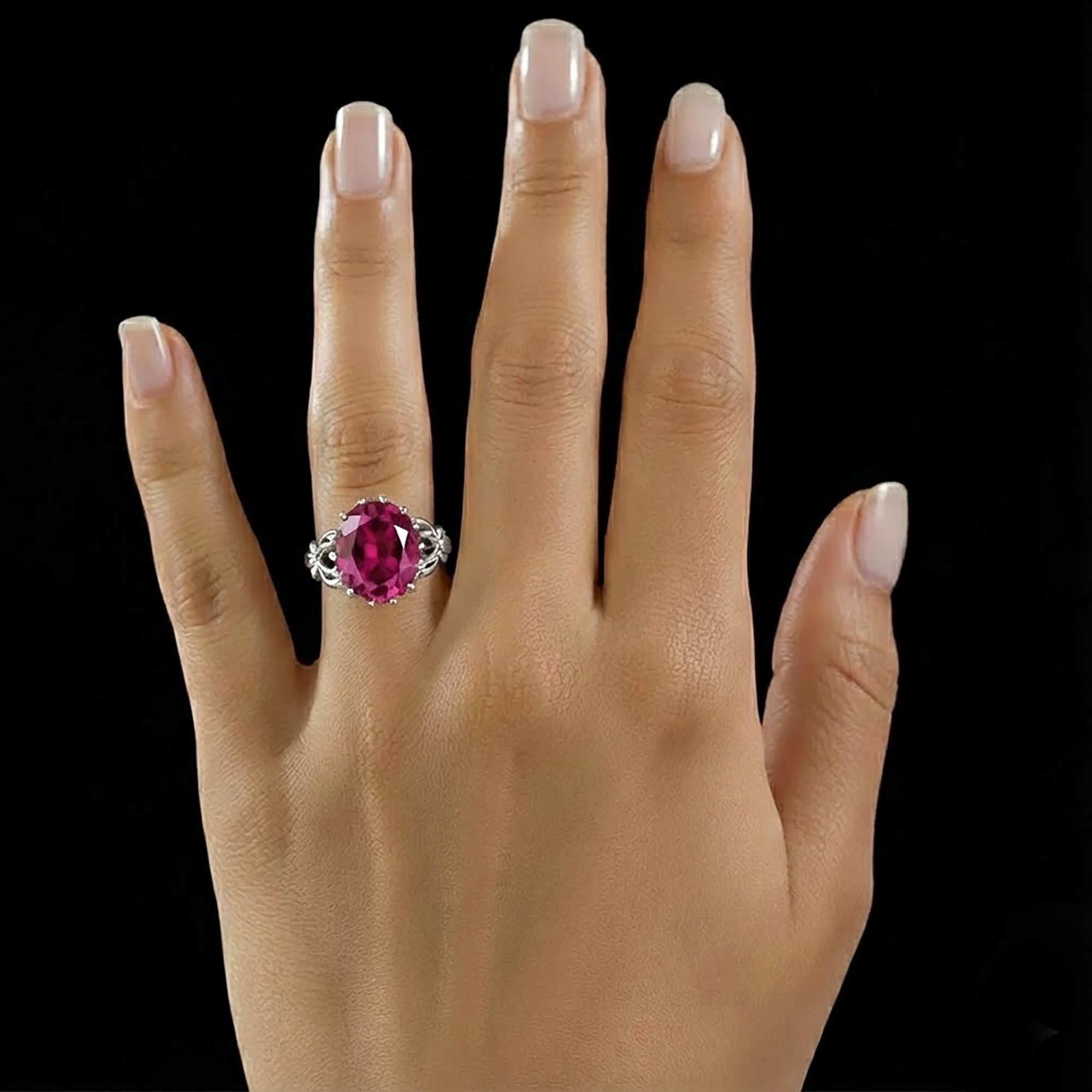 Ruby (Manik) Antique Ring for Women in 18K White Gold – Oval 13x10 mm, Prong Setting, 4 g (Design KA-5) thumbnail
