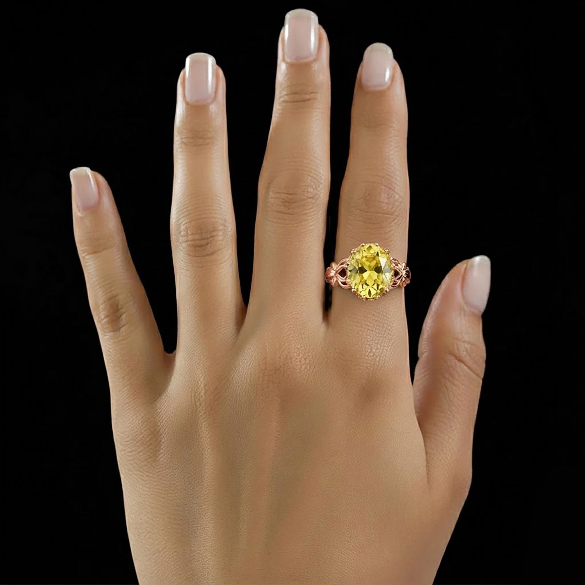 Yellow Sapphire (Pukhraj) Antique Ring for Women in 18K Rose Gold – Oval 13x10 mm, Prong Setting, 4 g (Design KA-5) thumbnail