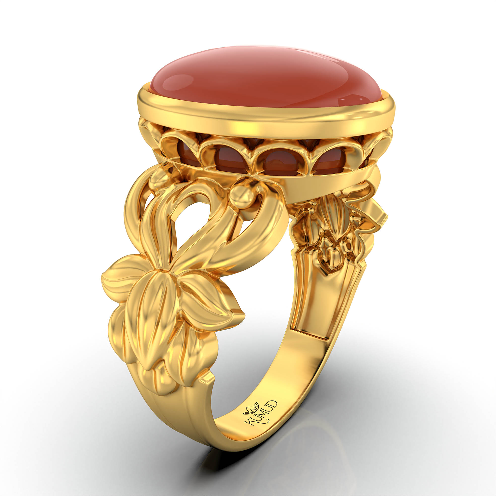Red Coral (Moonga) Antique Ring for Women in 22K Yellow Gold – Oval Cabochon 13x10 mm, Bezel Setting, 4 g (Design KA-5) thumbnail
