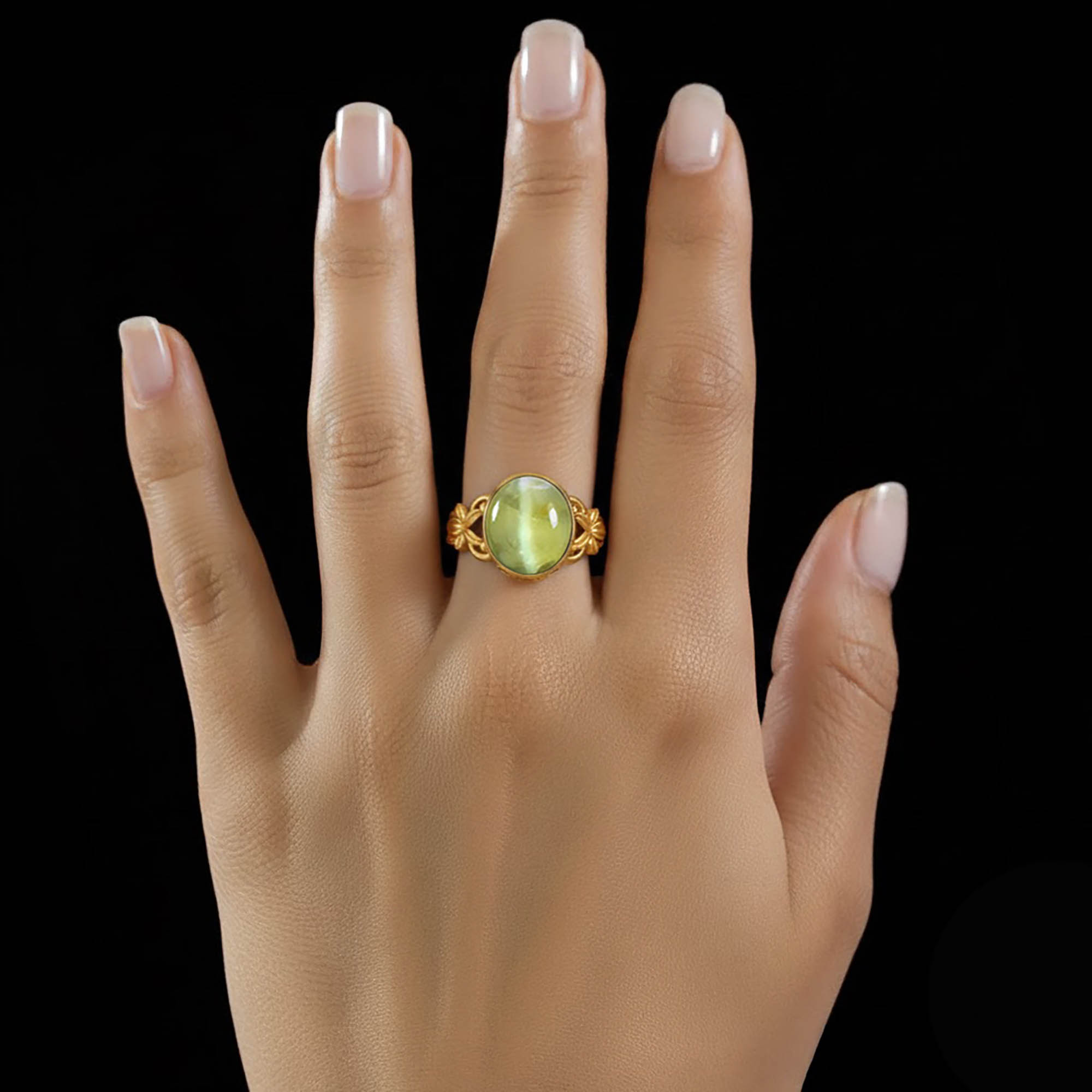 Cat's Eye (Lehsunia) Antique Ring for Women in 22K Yellow Gold – Oval Cabochon 13x10 mm, Bezel Setting, 4 g (Design KA-5) thumbnail