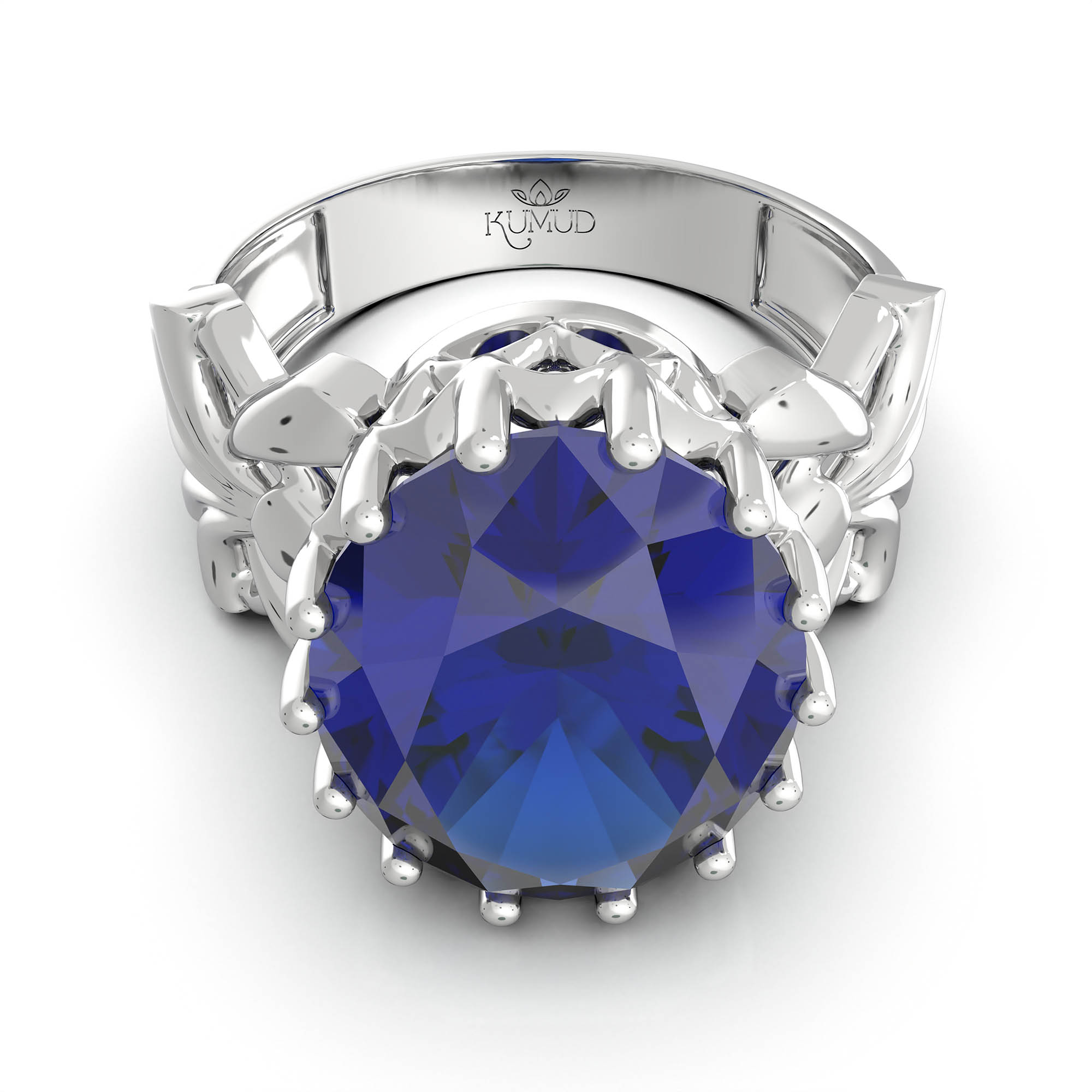 Blue Sapphire (Neelam) Antique Ring for Women in 18K White Gold – Oval 13x10 mm, Prong Setting, 4 g (Design KA-6) thumbnail