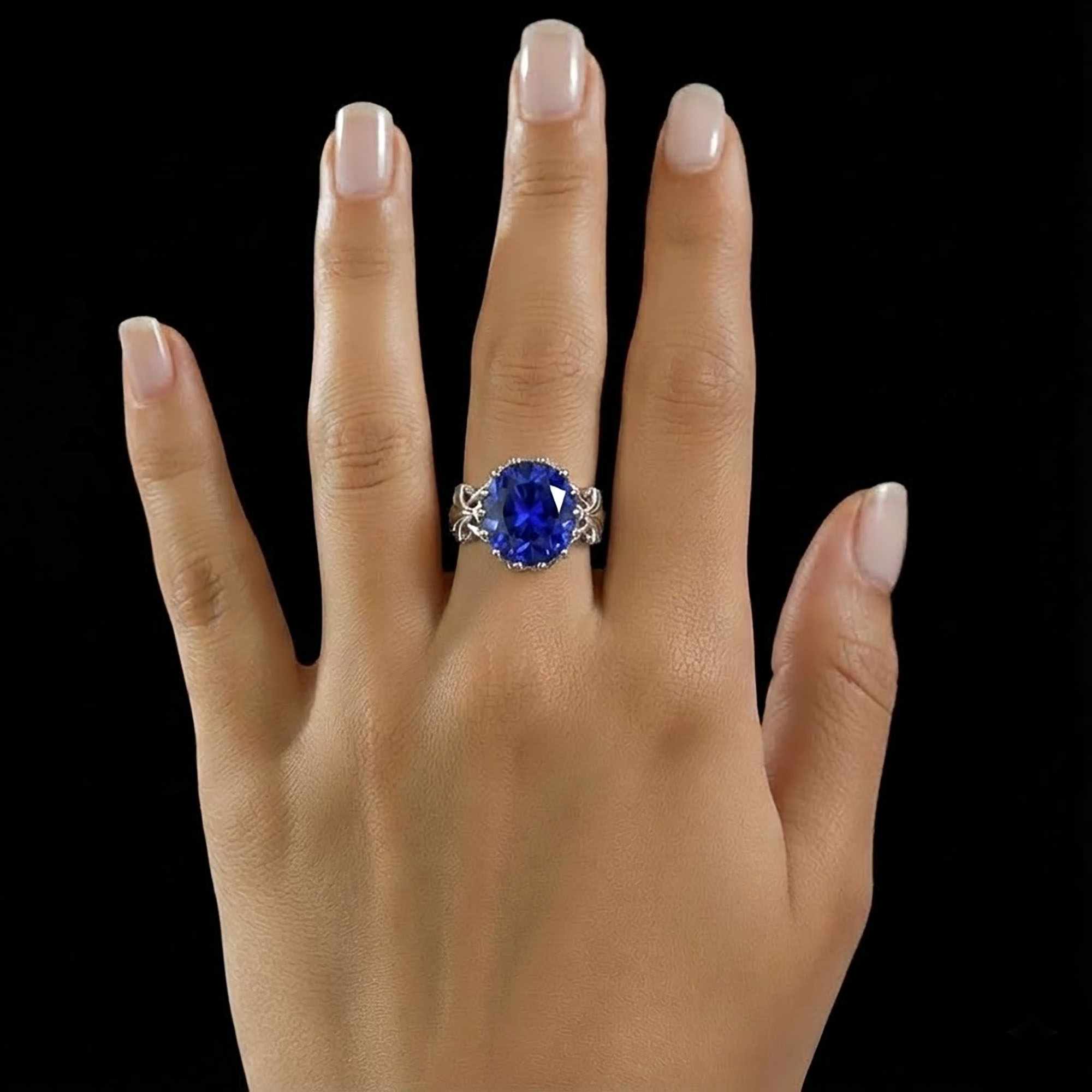 Blue Sapphire (Neelam) Antique Ring for Women in 18K White Gold – Oval 13x10 mm, Prong Setting, 4 g (Design KA-6) thumbnail