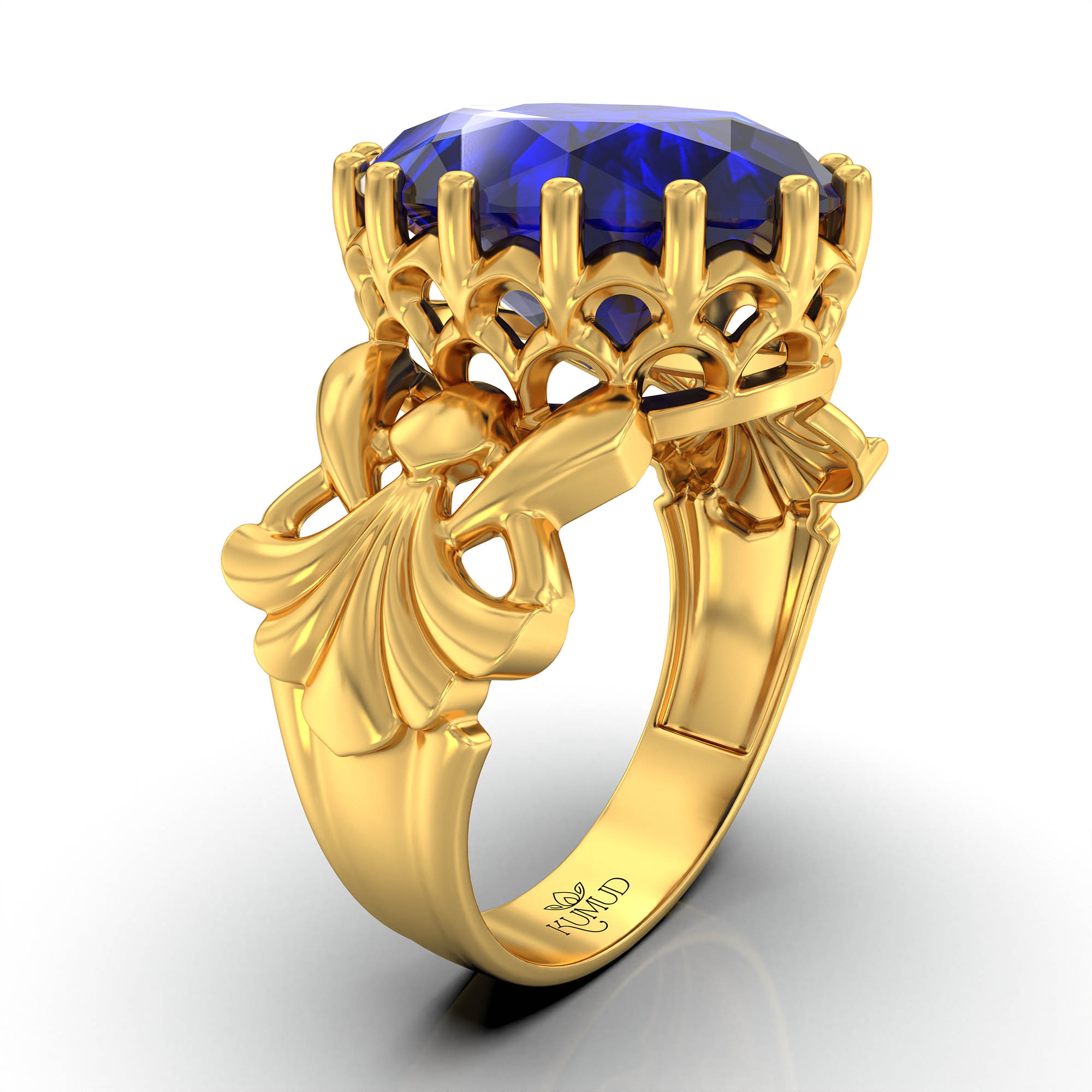Blue Sapphire (Neelam) Antique Ring for Women in 22K Yellow Gold – Oval 13x10 mm, Prong Setting, 4 g (Design KA-6) thumbnail