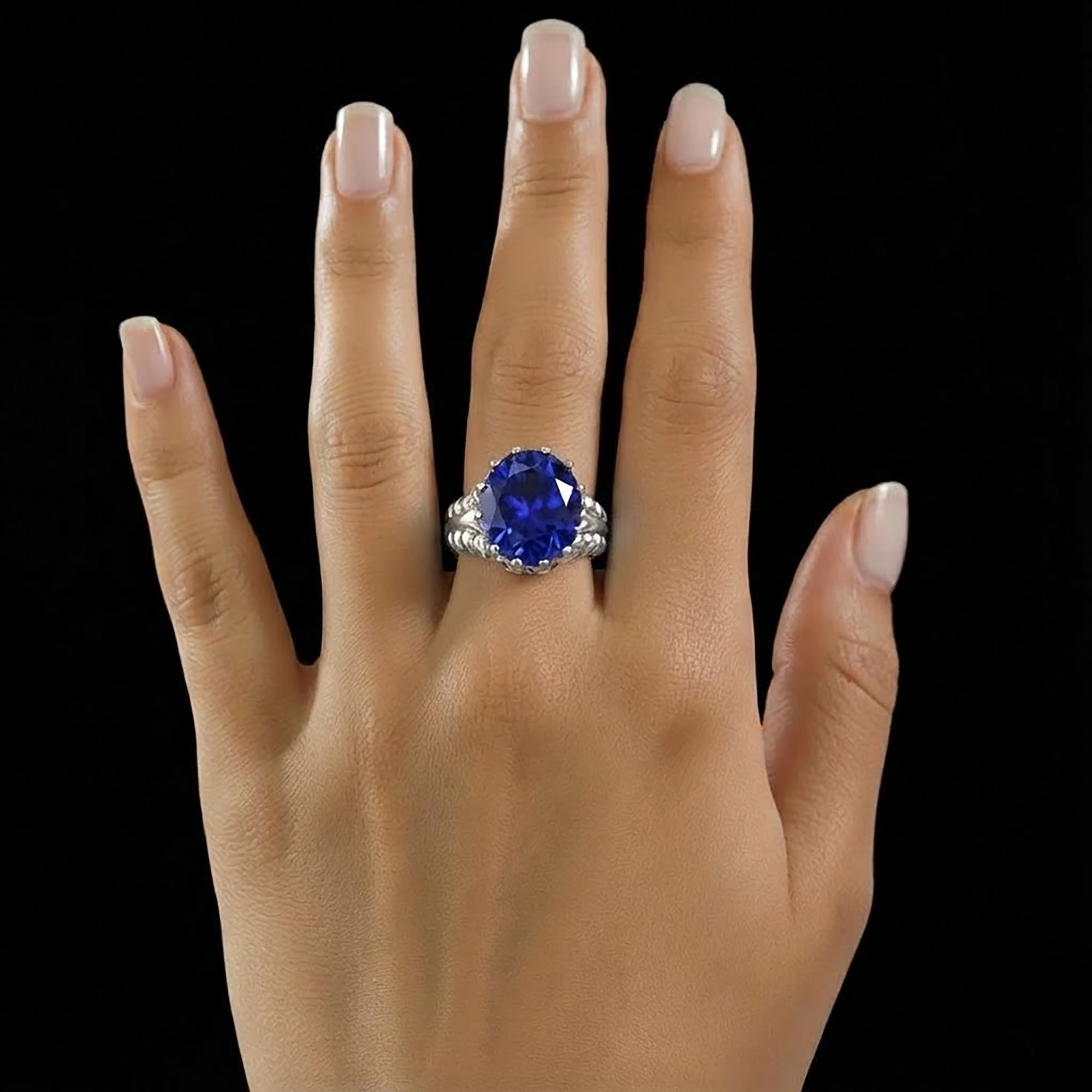 Blue Sapphire (Neelam) Ring for Women in 925 Sterling Silver – Oval 13x10 mm, Prong Setting, 2.4 g (Design KA-7) thumbnail
