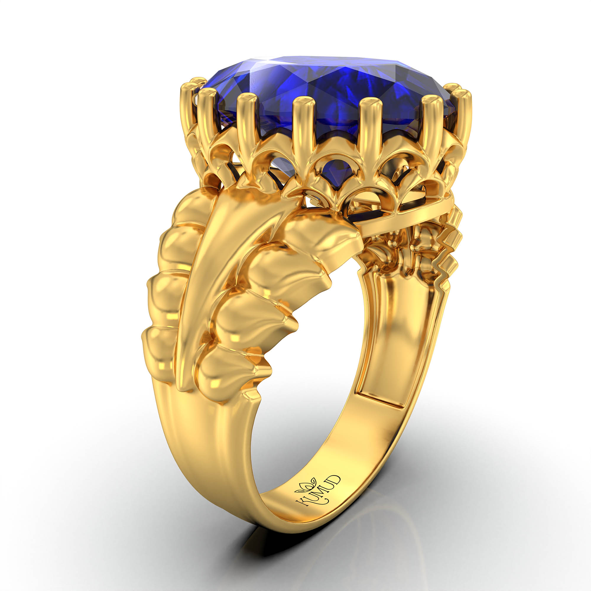 Blue Sapphire (Neelam) Antique Ring for Women in 22K Yellow Gold – Oval 13x10 mm, Prong Setting, 4 g (Design KA-7) thumbnail
