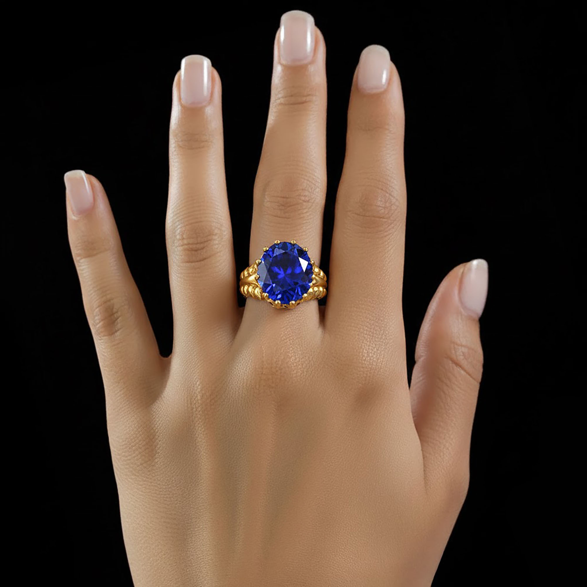 Blue Sapphire (Neelam) Antique Ring for Women in 22K Yellow Gold – Oval 13x10 mm, Prong Setting, 4 g (Design KA-7) thumbnail