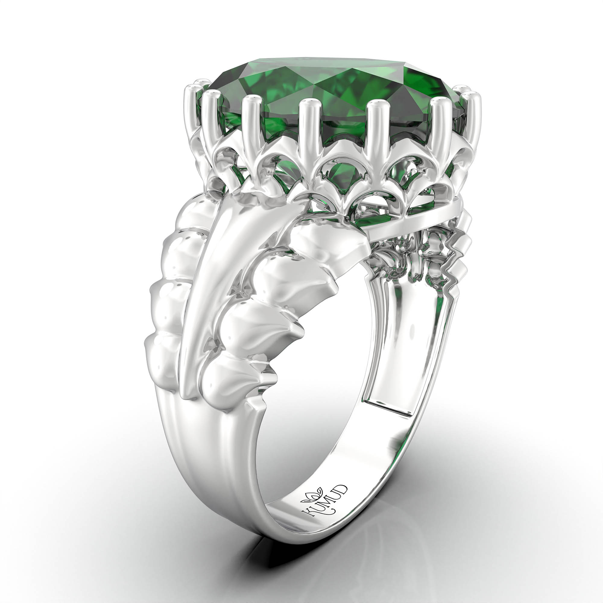 Emerald (Panna) Antique Ring for Women in 18K White Gold – Oval 13x10 mm, Prong Setting, 4 g (Design KA-7) thumbnail
