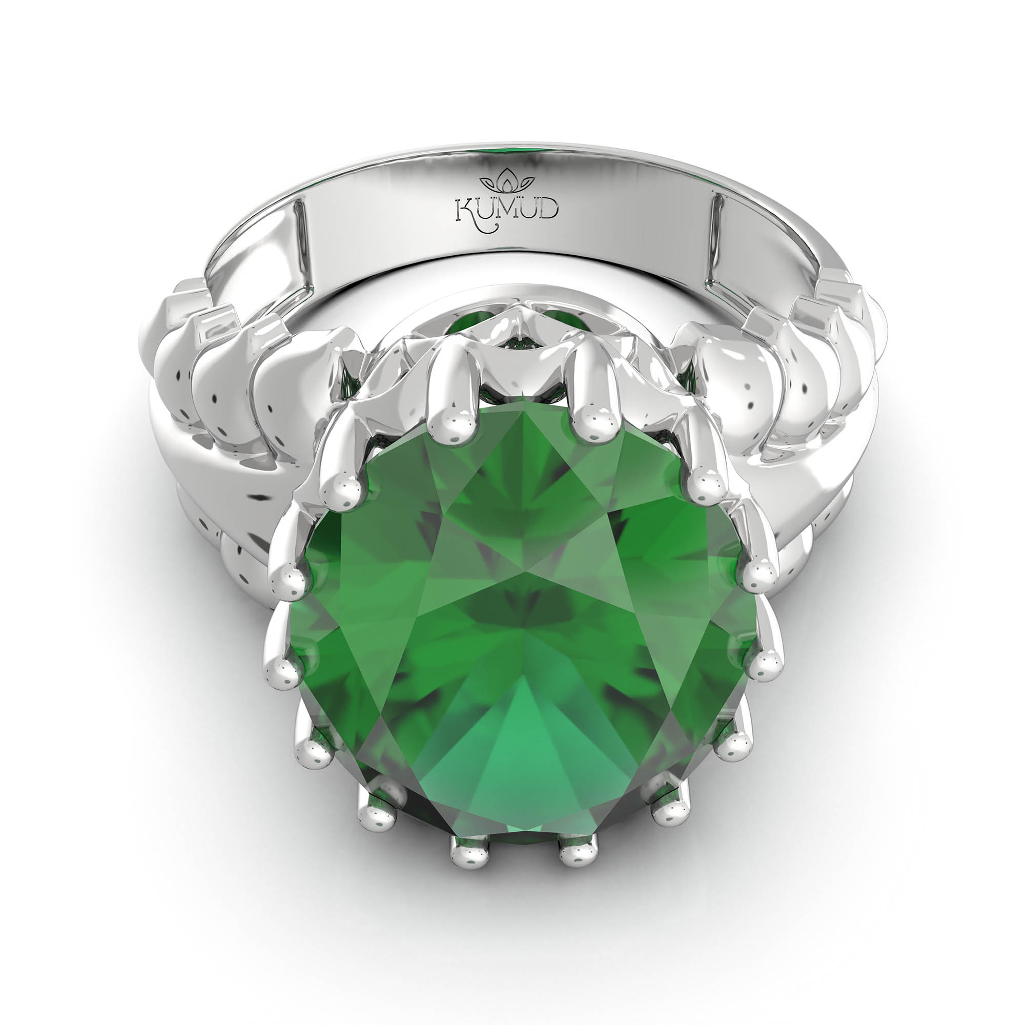Emerald (Panna) Antique Ring for Women in 18K White Gold – Oval 13x10 mm, Prong Setting, 4 g (Design KA-7) thumbnail