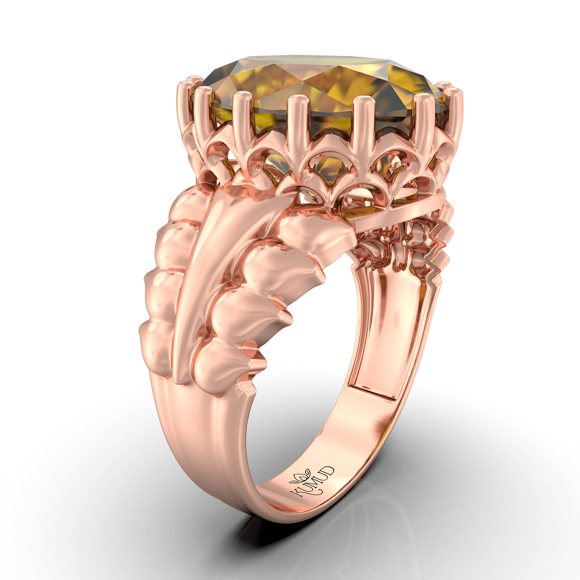 Yellow Sapphire (Pukhraj) Antique Ring for Women in 18K Rose Gold – Oval 13x10 mm, Prong Setting, 4 g (Design KA-7) thumbnail