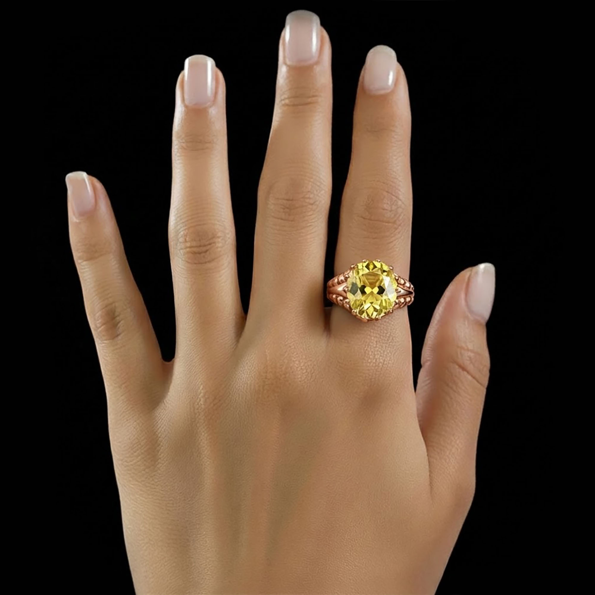 Yellow Sapphire (Pukhraj) Antique Ring for Women in 18K Rose Gold – Oval 13x10 mm, Prong Setting, 4 g (Design KA-7) thumbnail