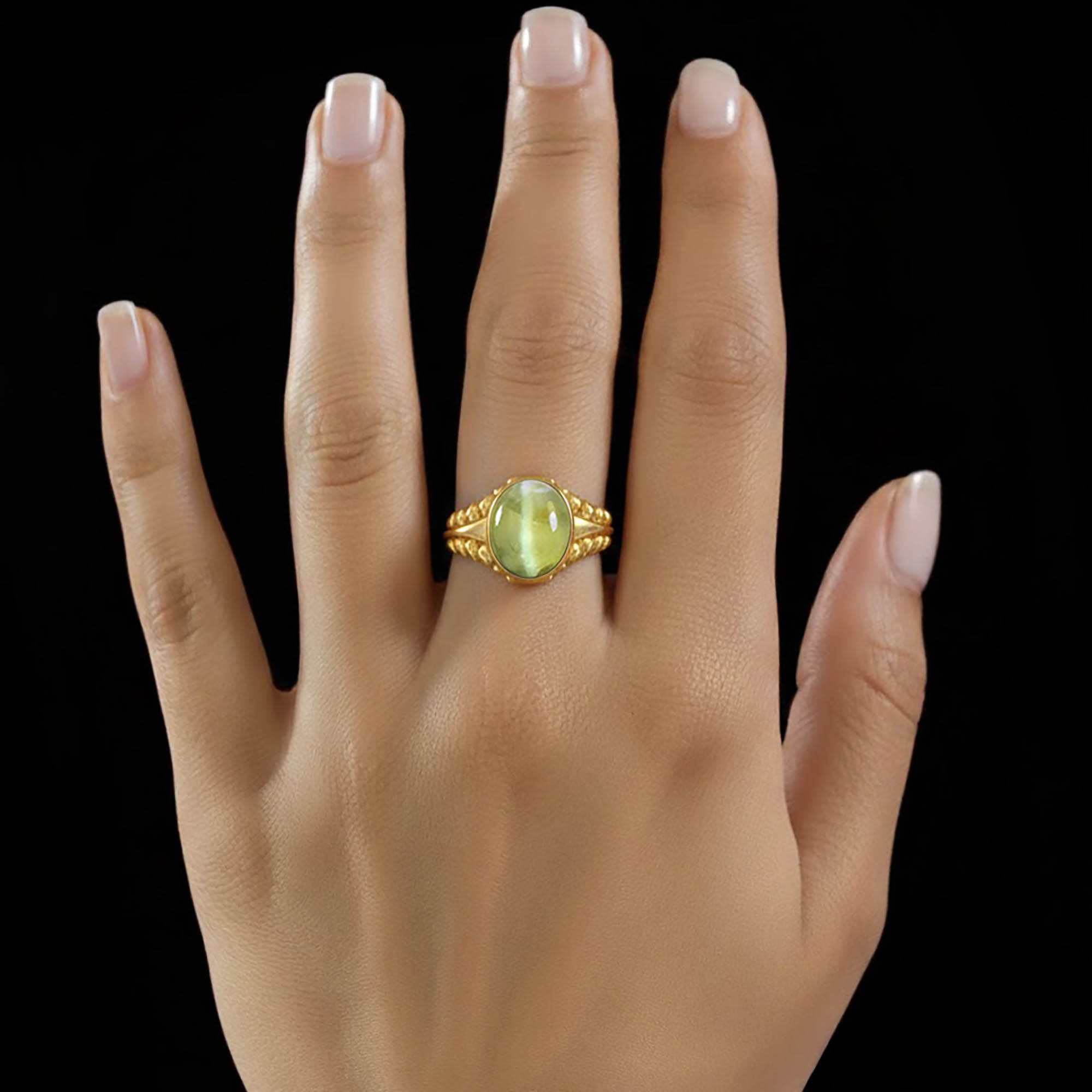 Cat's Eye (Lehsunia) Antique Ring for Women in 22K Yellow Gold – Oval Cabochon 13x10 mm, Bezel Setting, 4 g (Design KA-7) thumbnail