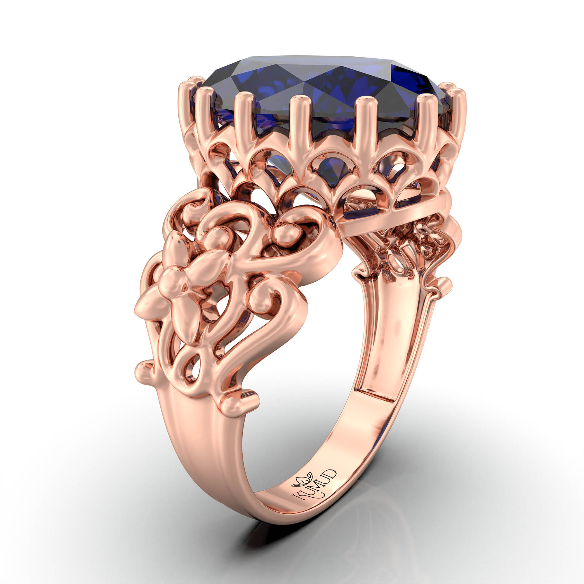 Blue Sapphire (Neelam) Antique Ring for Women in 18K Rose Gold – Oval 13x10 mm, Prong Setting, 4 g (Design KA-8) thumbnail