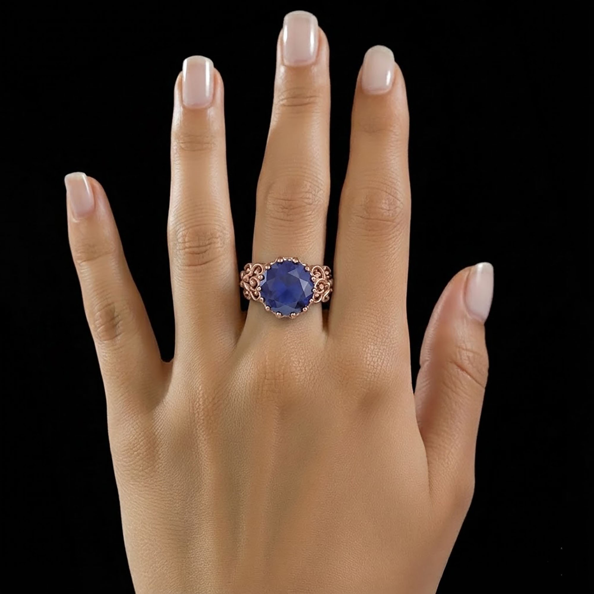 Blue Sapphire (Neelam) Antique Ring for Women in 18K Rose Gold – Oval 13x10 mm, Prong Setting, 4 g (Design KA-8) thumbnail