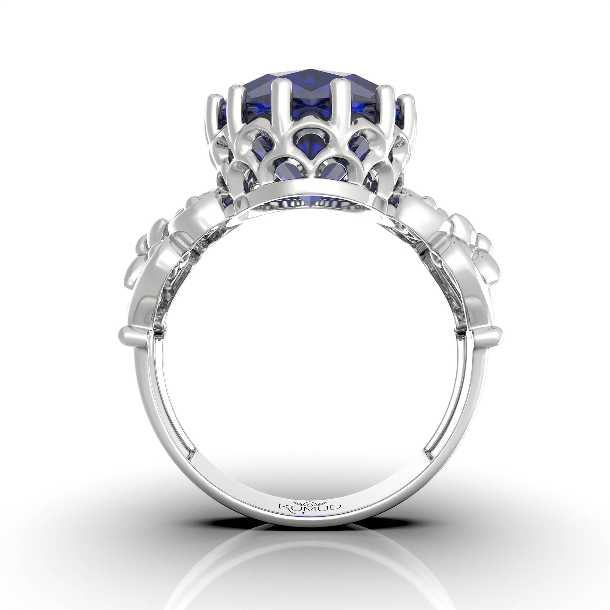Blue Sapphire (Neelam) Antique Ring for Women in 18K White Gold – Oval 13x10 mm, Prong Setting, 4 g (Design KA-8) thumbnail