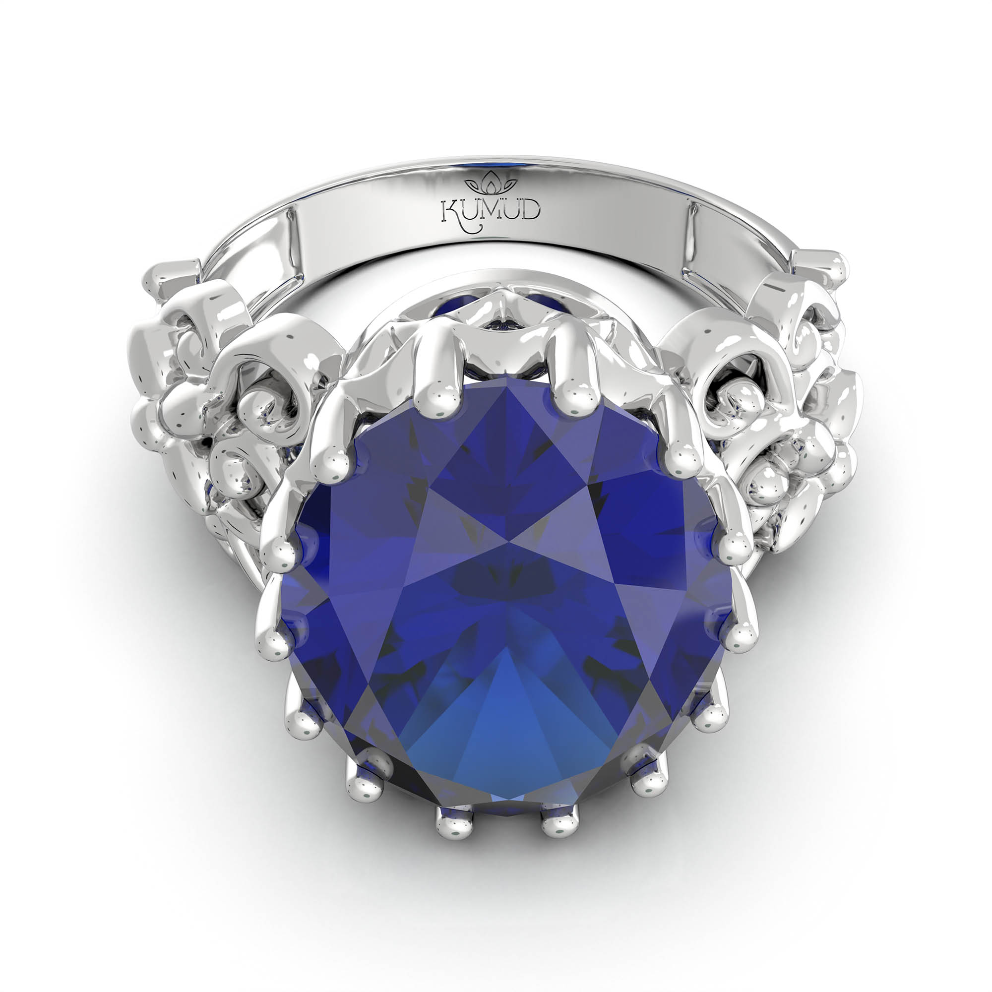 Blue Sapphire (Neelam) Antique Ring for Women in 18K White Gold – Oval 13x10 mm, Prong Setting, 4 g (Design KA-8) thumbnail