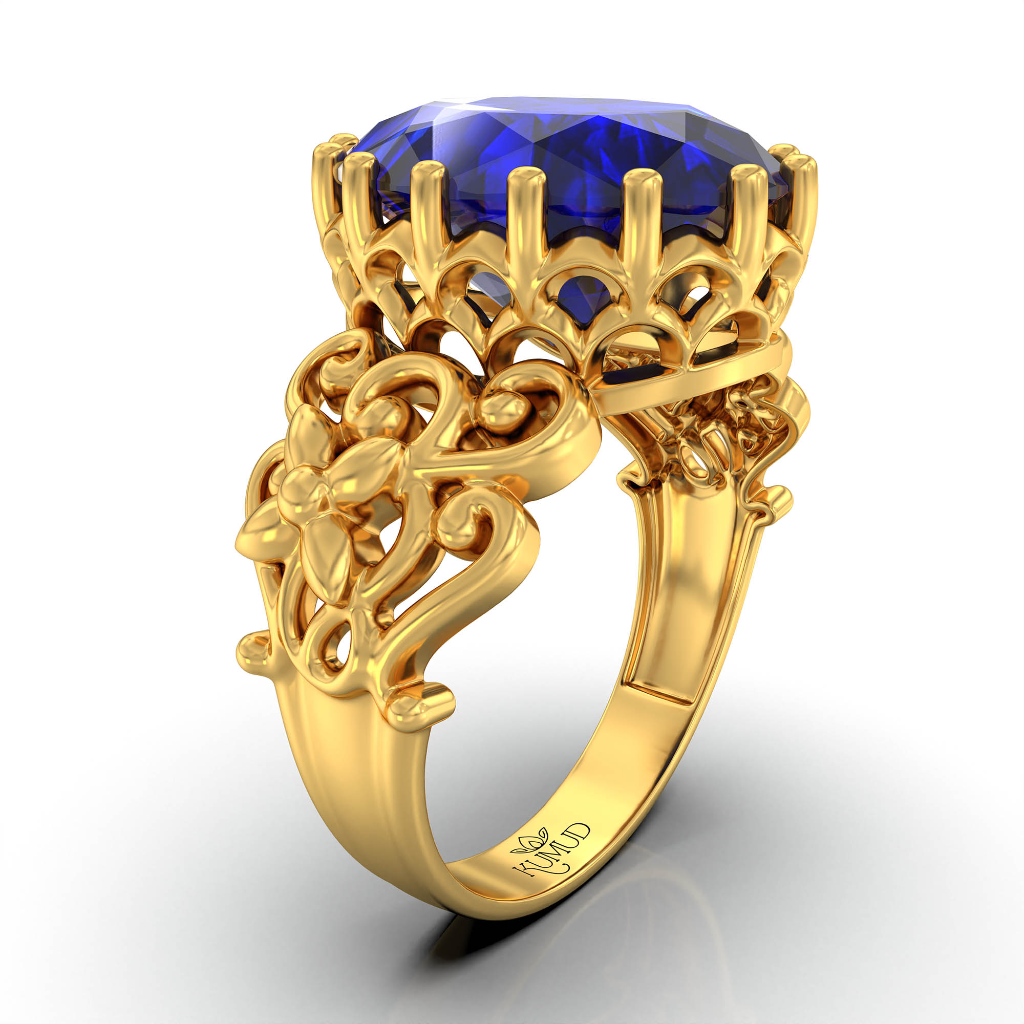 Blue Sapphire (Neelam) Antique Ring for Women in 22K Yellow Gold – Oval 13x10 mm, Prong Setting, 4 g (Design KA-8) thumbnail