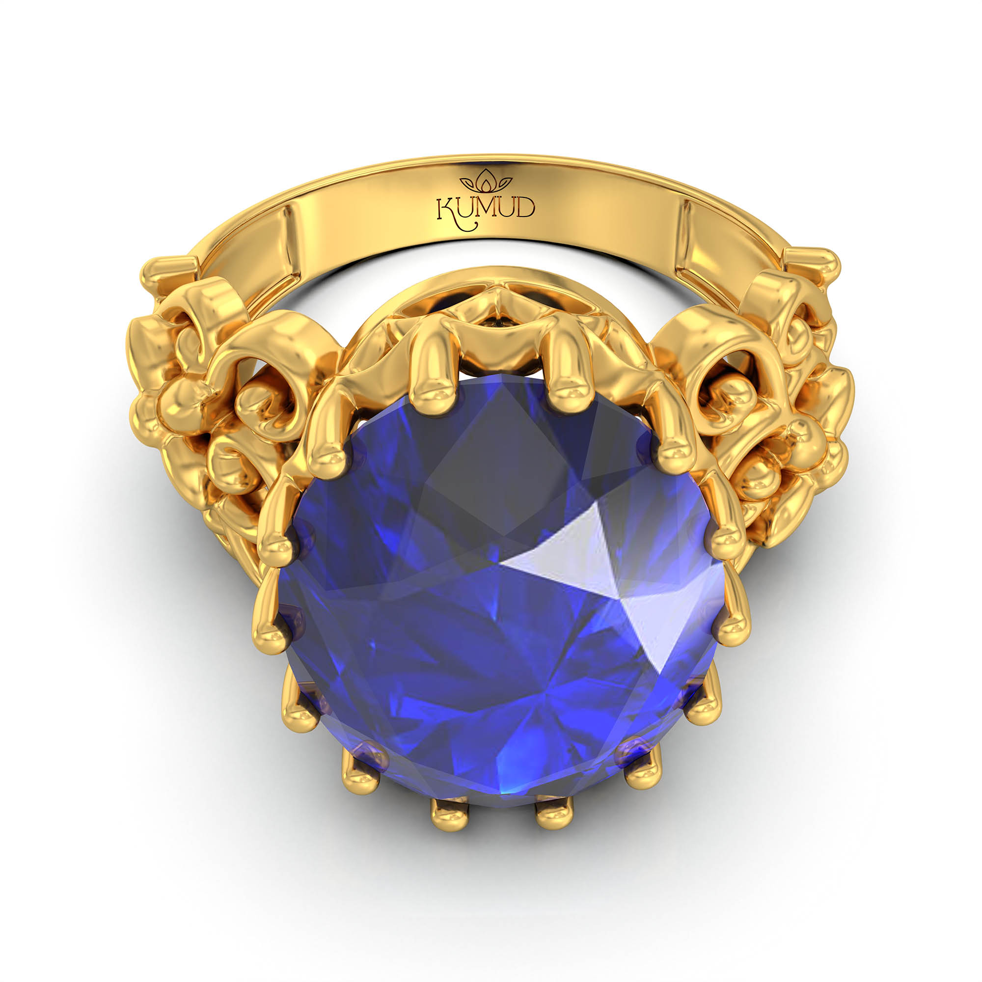 Blue Sapphire (Neelam) Antique Ring for Women in 22K Yellow Gold – Oval 13x10 mm, Prong Setting, 4 g (Design KA-8) thumbnail