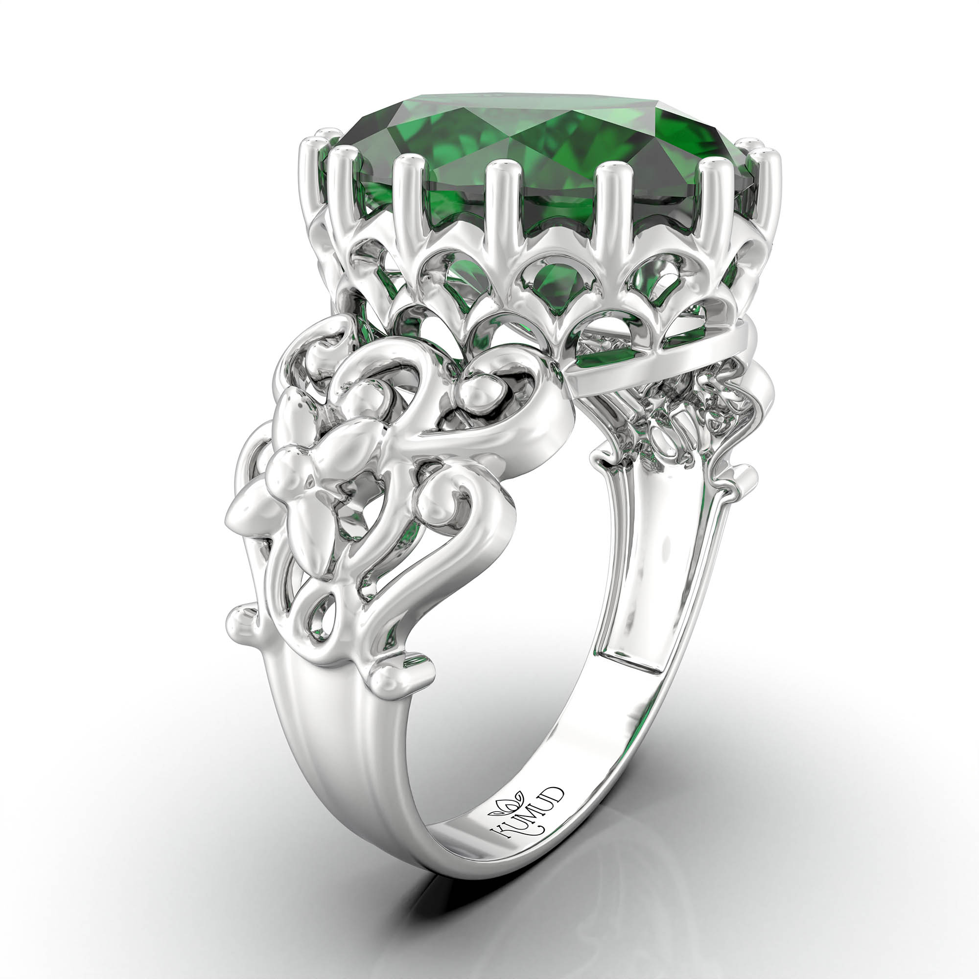 Emerald (Panna) Antique Ring for Women in 18K White Gold – Oval 13x10 mm, Prong Setting, 4 g (Design KA-8) thumbnail