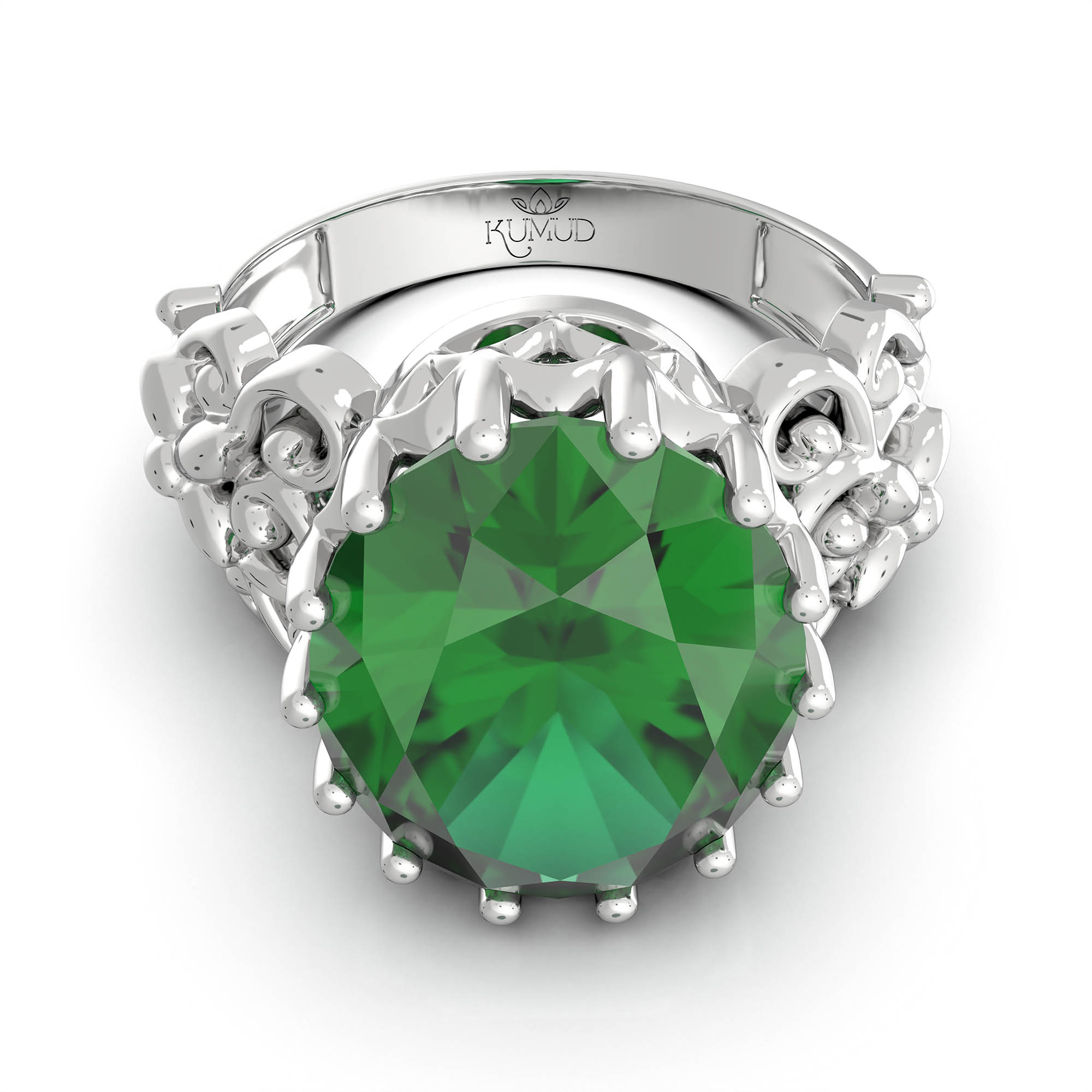 Emerald (Panna) Antique Ring for Women in 18K White Gold – Oval 13x10 mm, Prong Setting, 4 g (Design KA-8) thumbnail