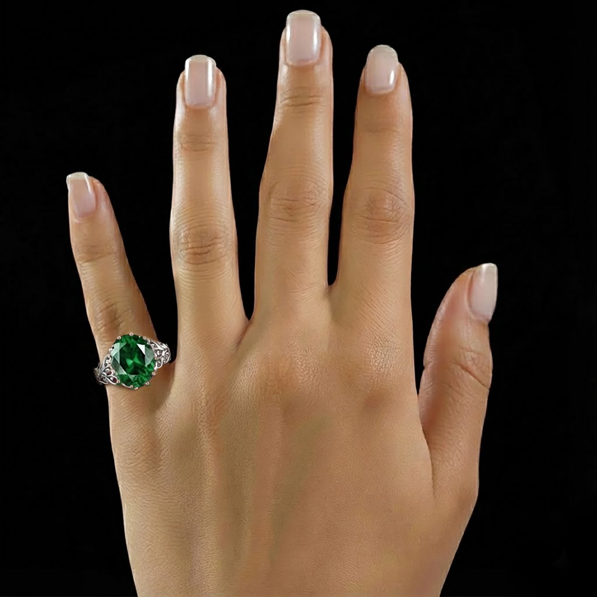 Emerald (Panna) Antique Ring for Women in 18K White Gold – Oval 13x10 mm, Prong Setting, 4 g (Design KA-8) thumbnail