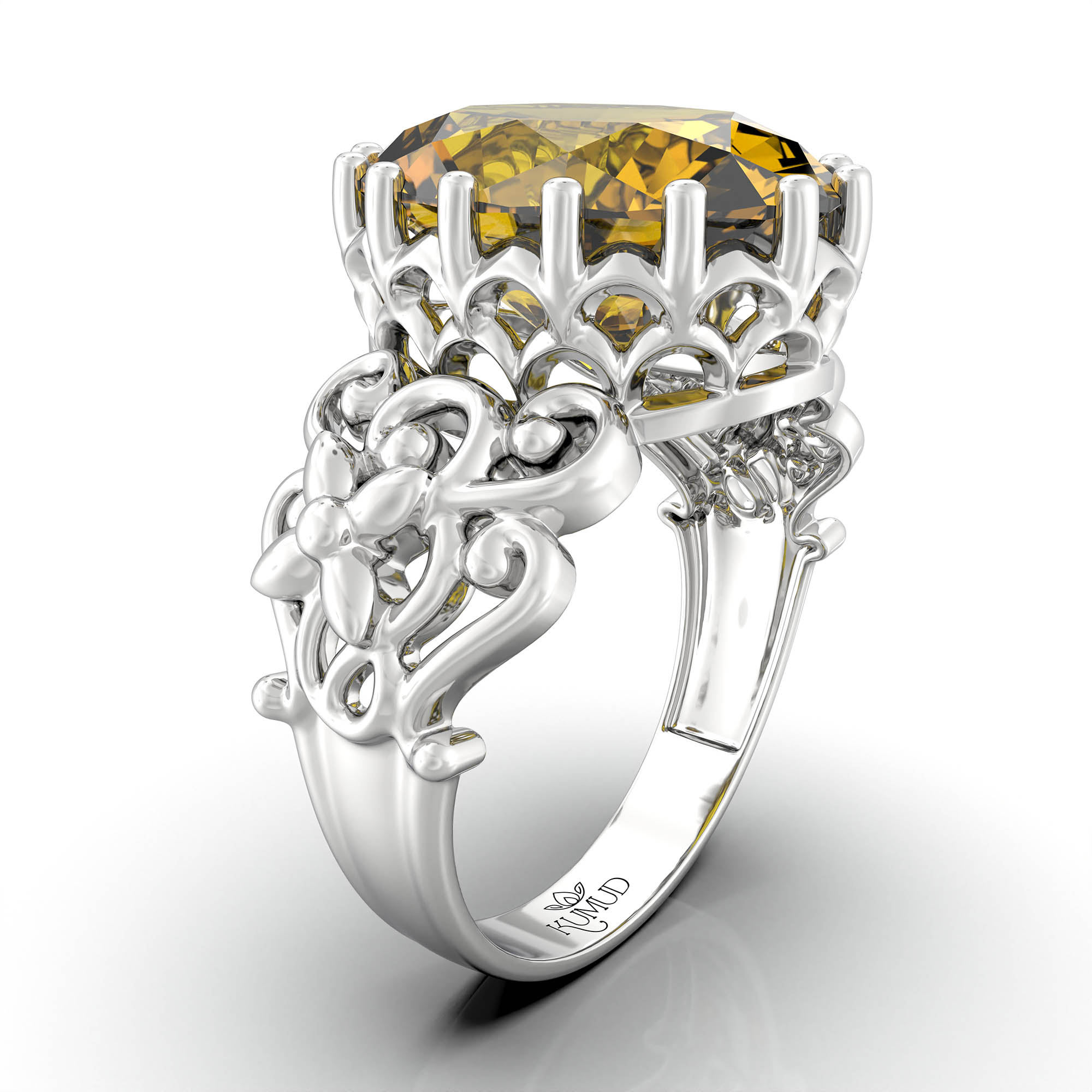 Yellow Sapphire (Pukhraj) Antique Ring for Women in 18K White Gold – Oval 13x10 mm, Prong Setting, 4 g (Design KA-8) thumbnail