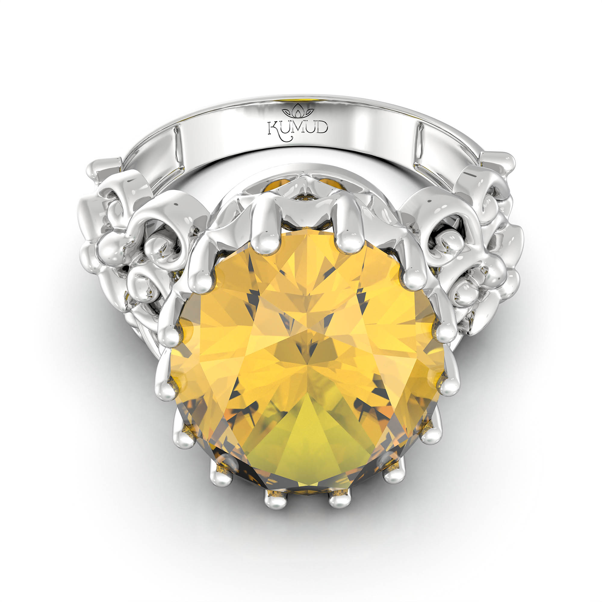 Yellow Sapphire (Pukhraj) Antique Ring for Women in 18K White Gold – Oval 13x10 mm, Prong Setting, 4 g (Design KA-8) thumbnail