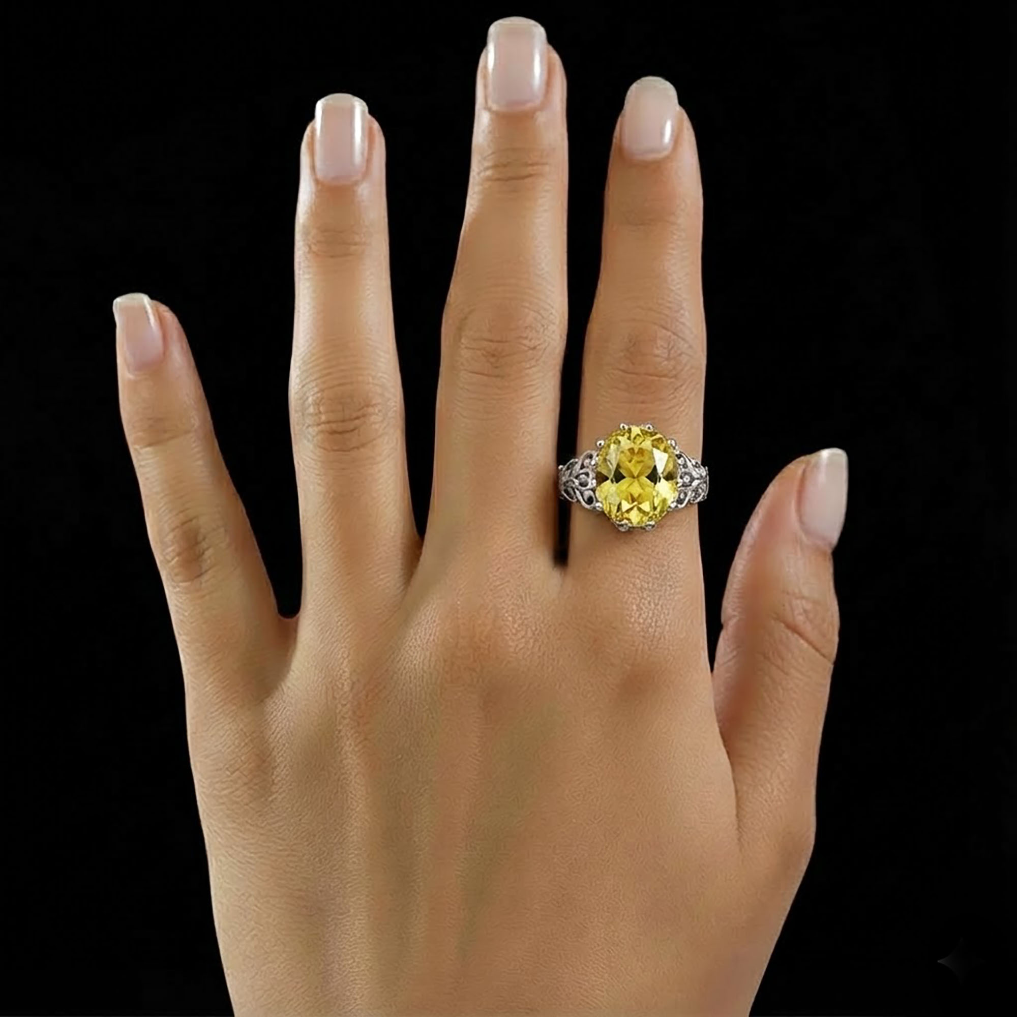 Yellow Sapphire (Pukhraj) Antique Ring for Women in 18K White Gold – Oval 13x10 mm, Prong Setting, 4 g (Design KA-8) thumbnail