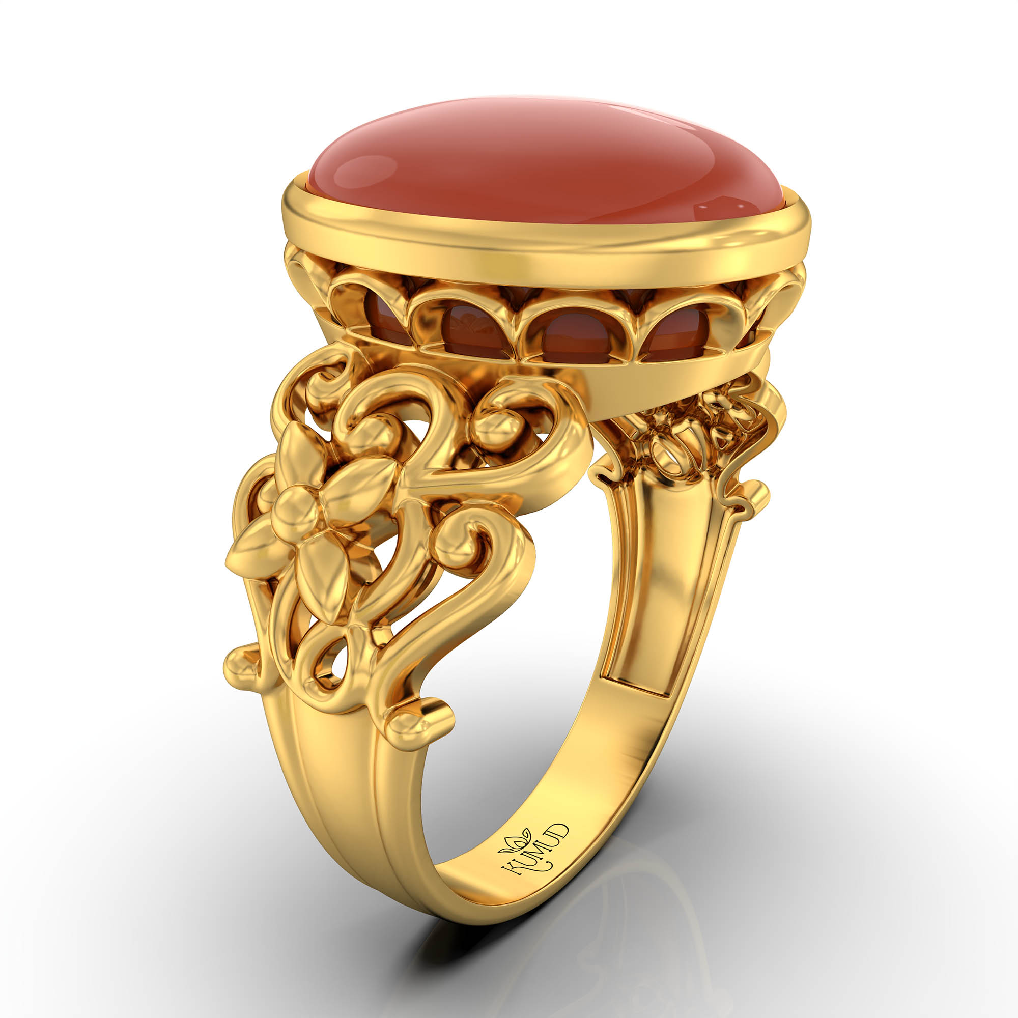 Red Coral (Moonga) Antique Ring for Women in 22K Yellow Gold – Oval Cabochon 13x10 mm, Bezel Setting, 4 g (Design KA-8) thumbnail