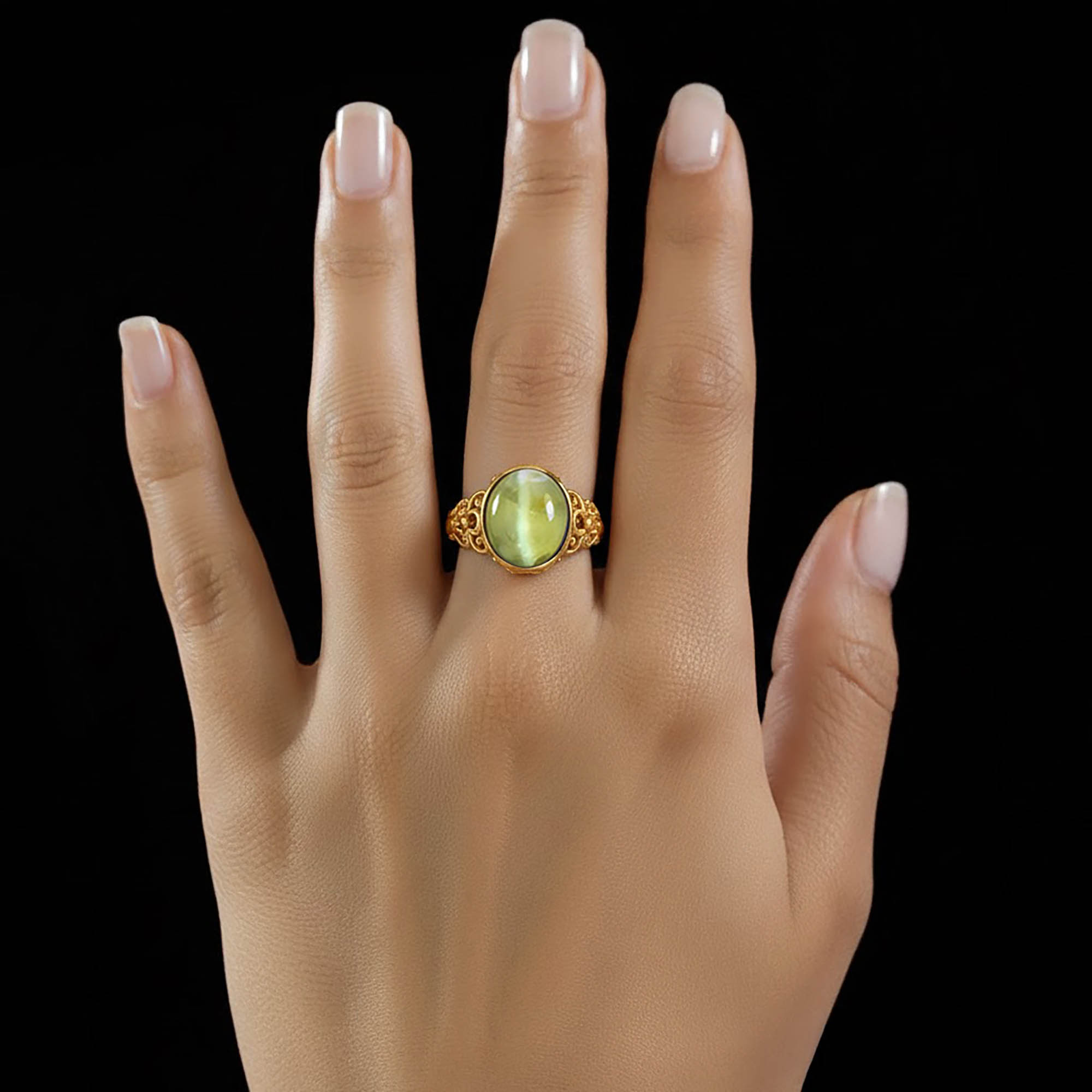 Cat's Eye (Lehsunia) Antique Ring for Women in 22K Yellow Gold – Oval Cabochon 13x10 mm, Bezel Setting, 4 g (Design KA-8) thumbnail