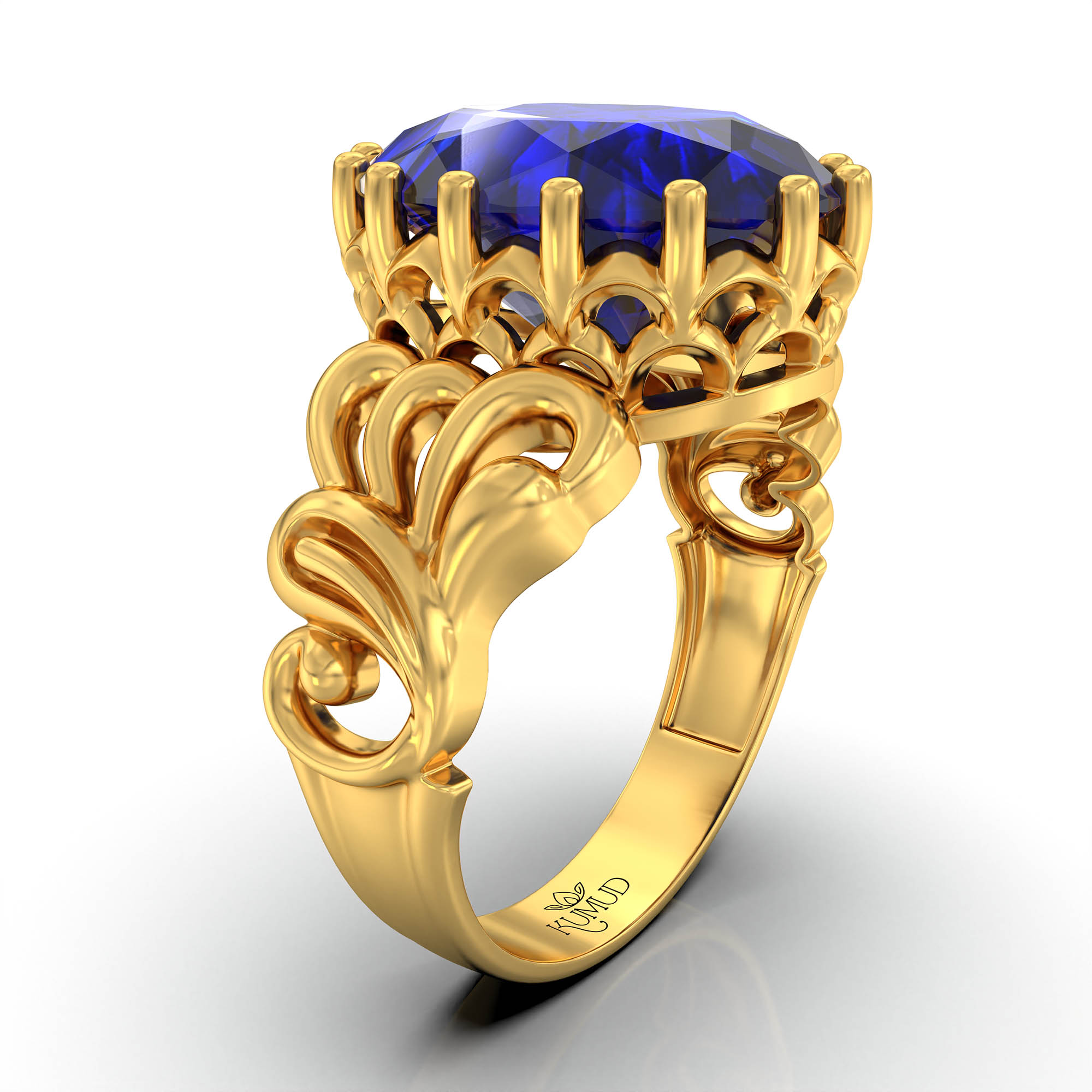 Blue Sapphire (Neelam) Antique Ring for Women in 22K Yellow Gold – Oval 13x10 mm, Prong Setting, 4 g (Design KA-9) thumbnail