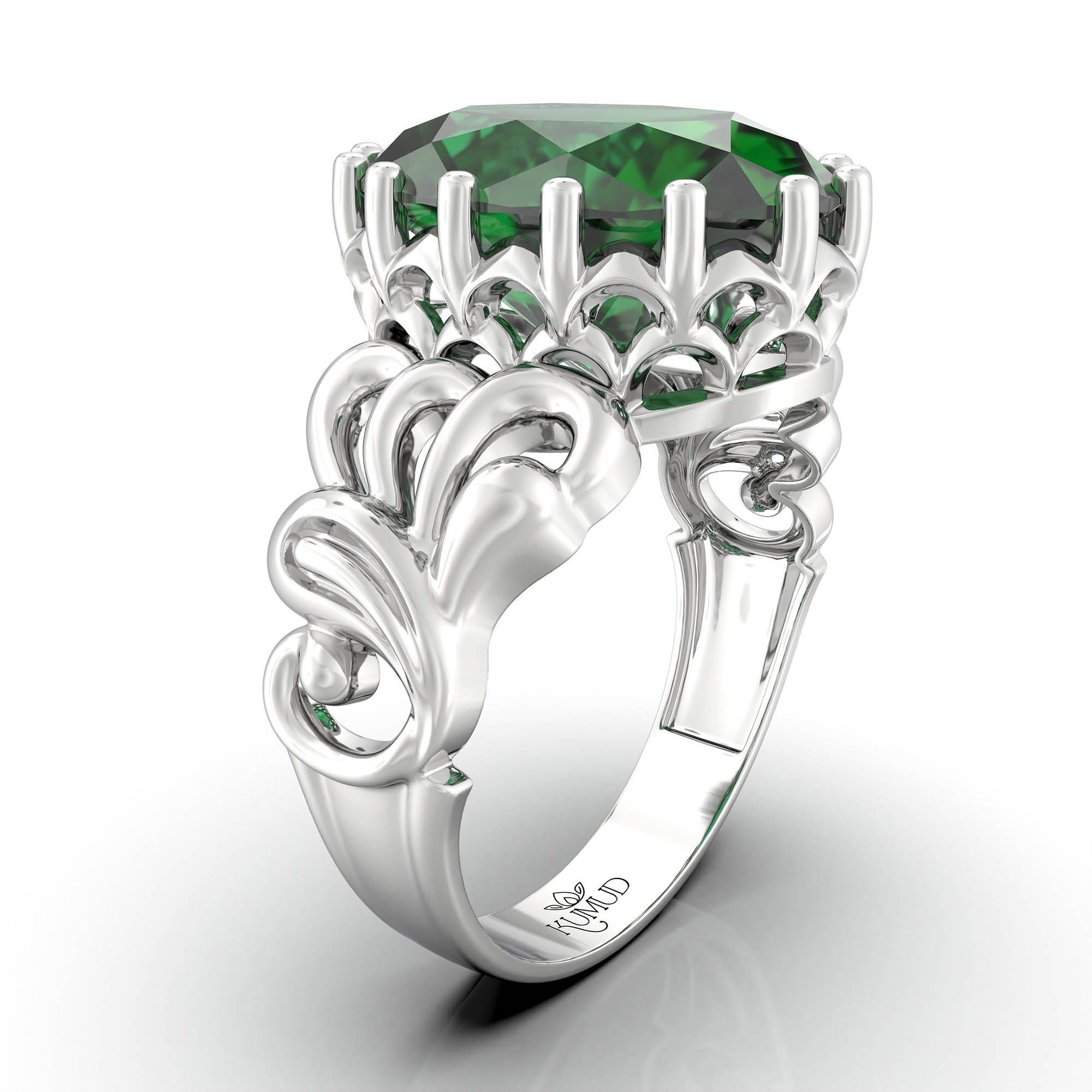 Emerald (Panna) Antique Ring for Women in 18K White Gold – Oval 13x10 mm, Prong Setting, 4 g (Design KA-9) thumbnail