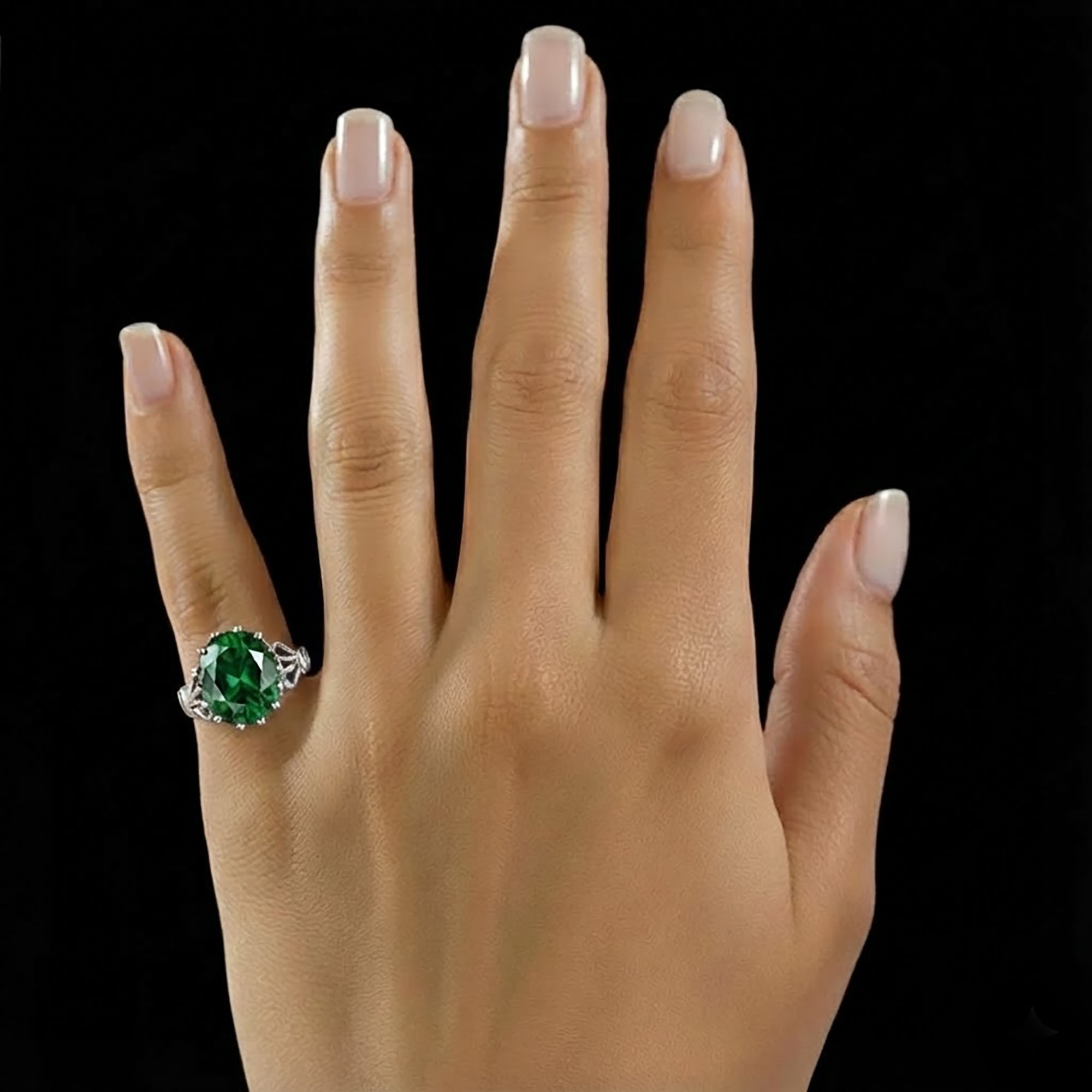 Emerald (Panna) Antique Ring for Women in 18K White Gold – Oval 13x10 mm, Prong Setting, 4 g (Design KA-9) thumbnail