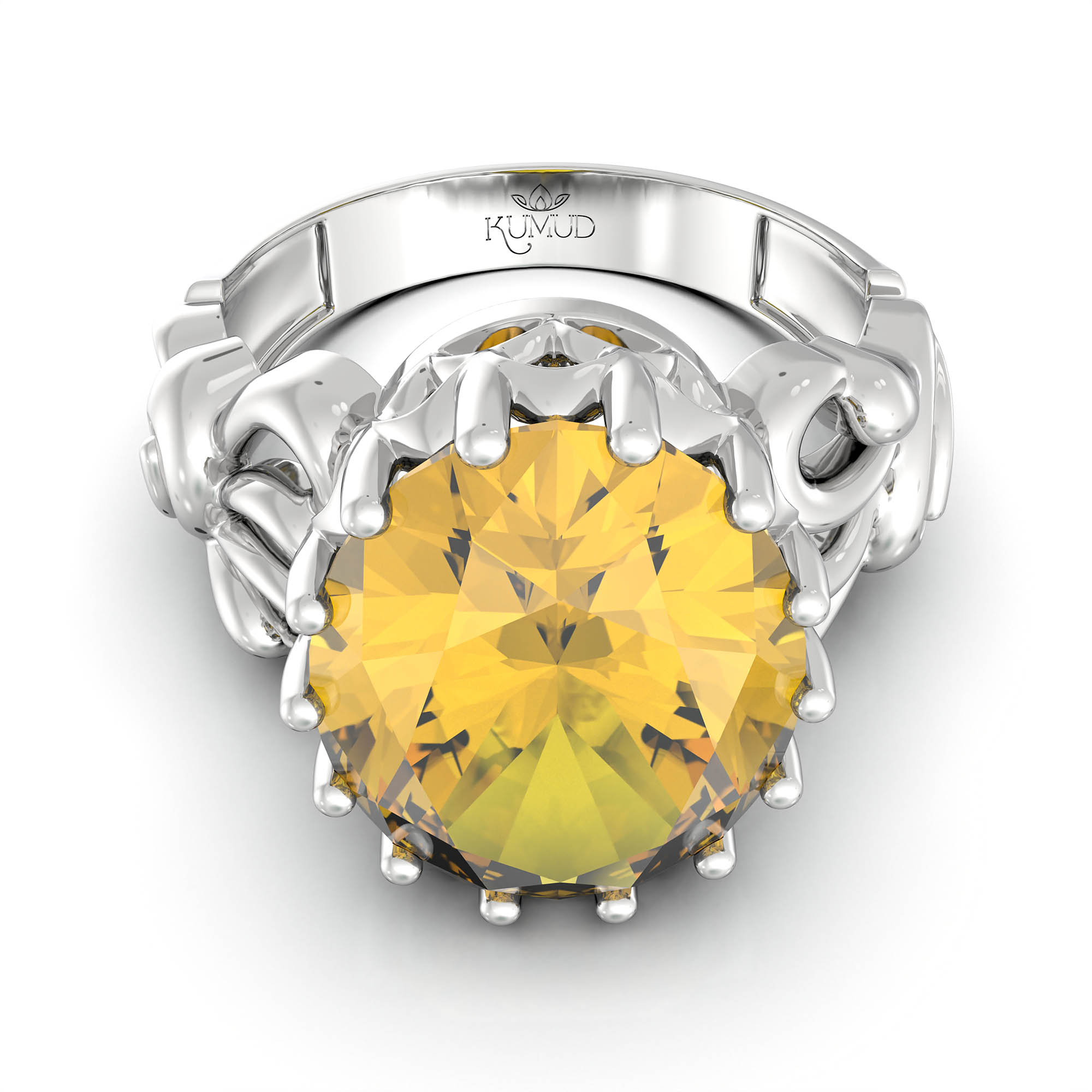 Yellow Sapphire (Pukhraj) Antique Ring for Women in 18K White Gold – Oval 13x10 mm, Prong Setting, 4 g (Design KA-9) thumbnail