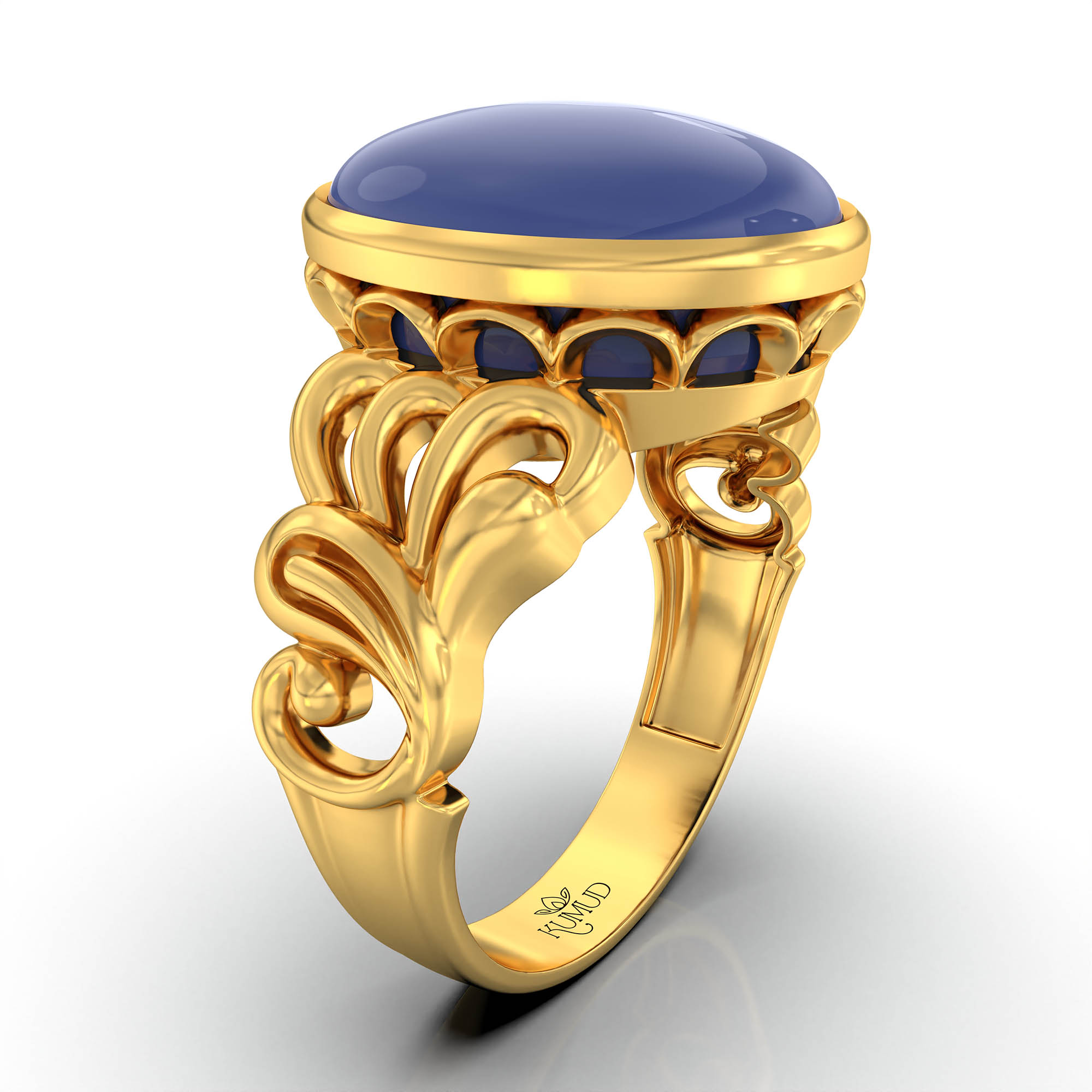 Blue Sapphire (Neelam) Antique Ring for Women in 22K Yellow Gold – Oval Cabochon 13x10 mm, Bezel Setting, 4 g (Design KA-9) thumbnail