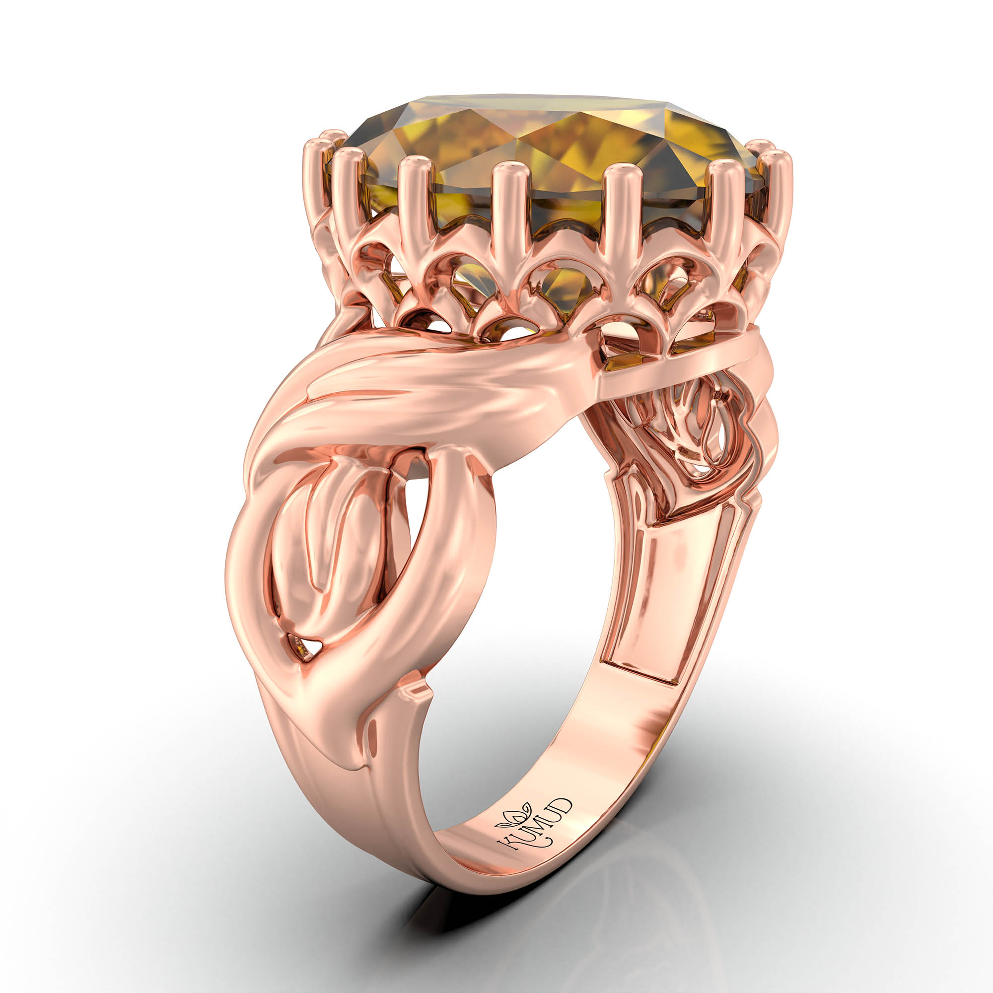 Yellow Sapphire (Pukhraj) Antique Ring for Women in 18K Rose Gold – Oval 13x10 mm, Prong Setting, 4 g (Design KA-10) thumbnail